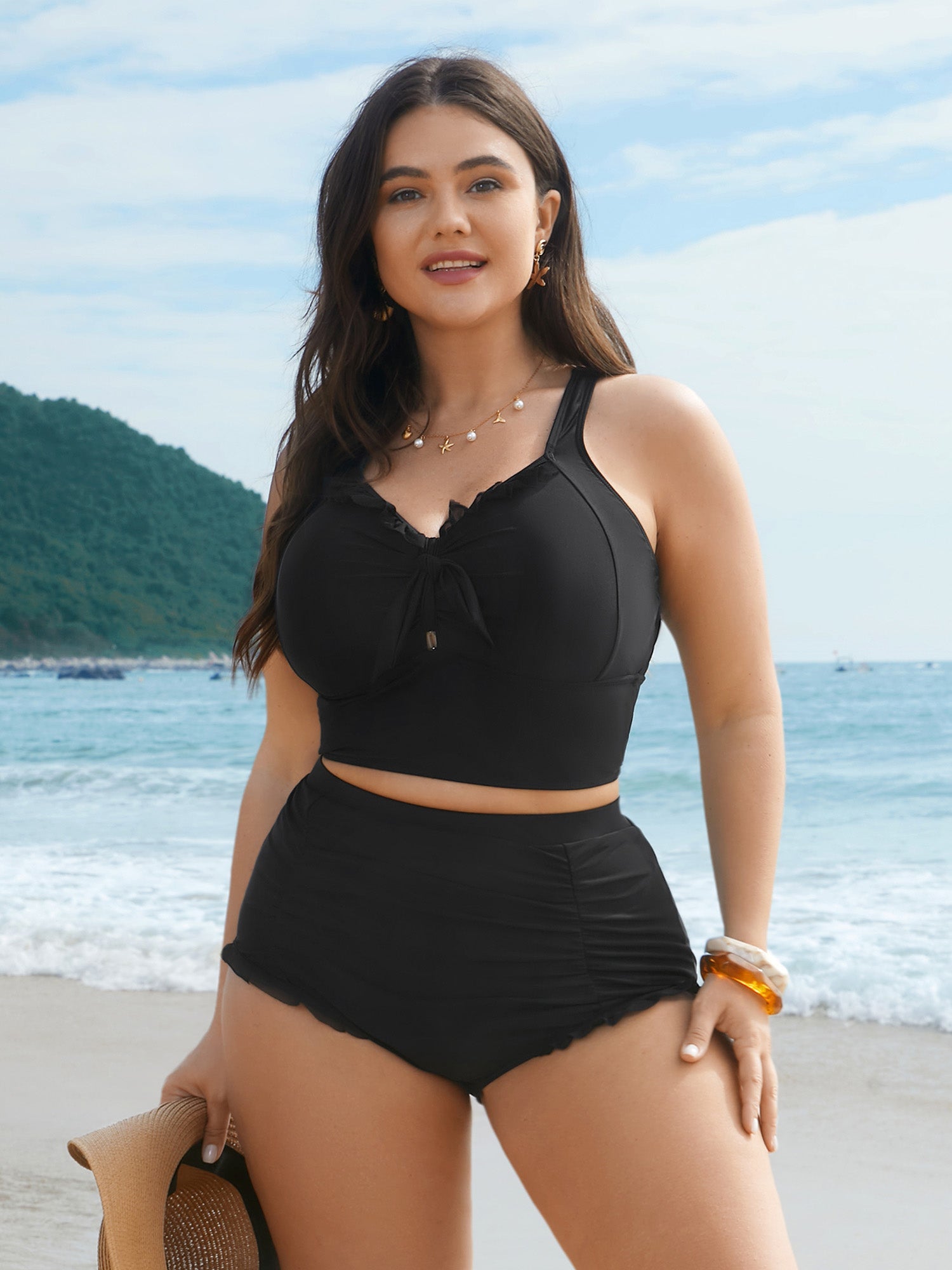 Ruched Mesh Seamed Ruffle Trim Bikini Bottoms