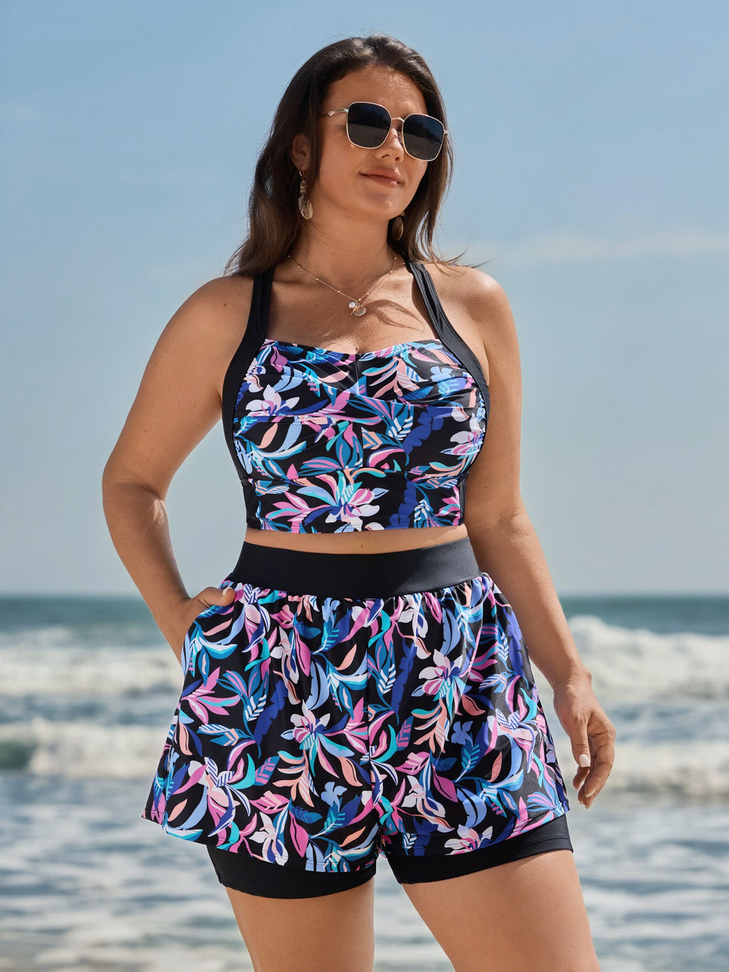 Vibrant Floral Print Twist Front Swim Top