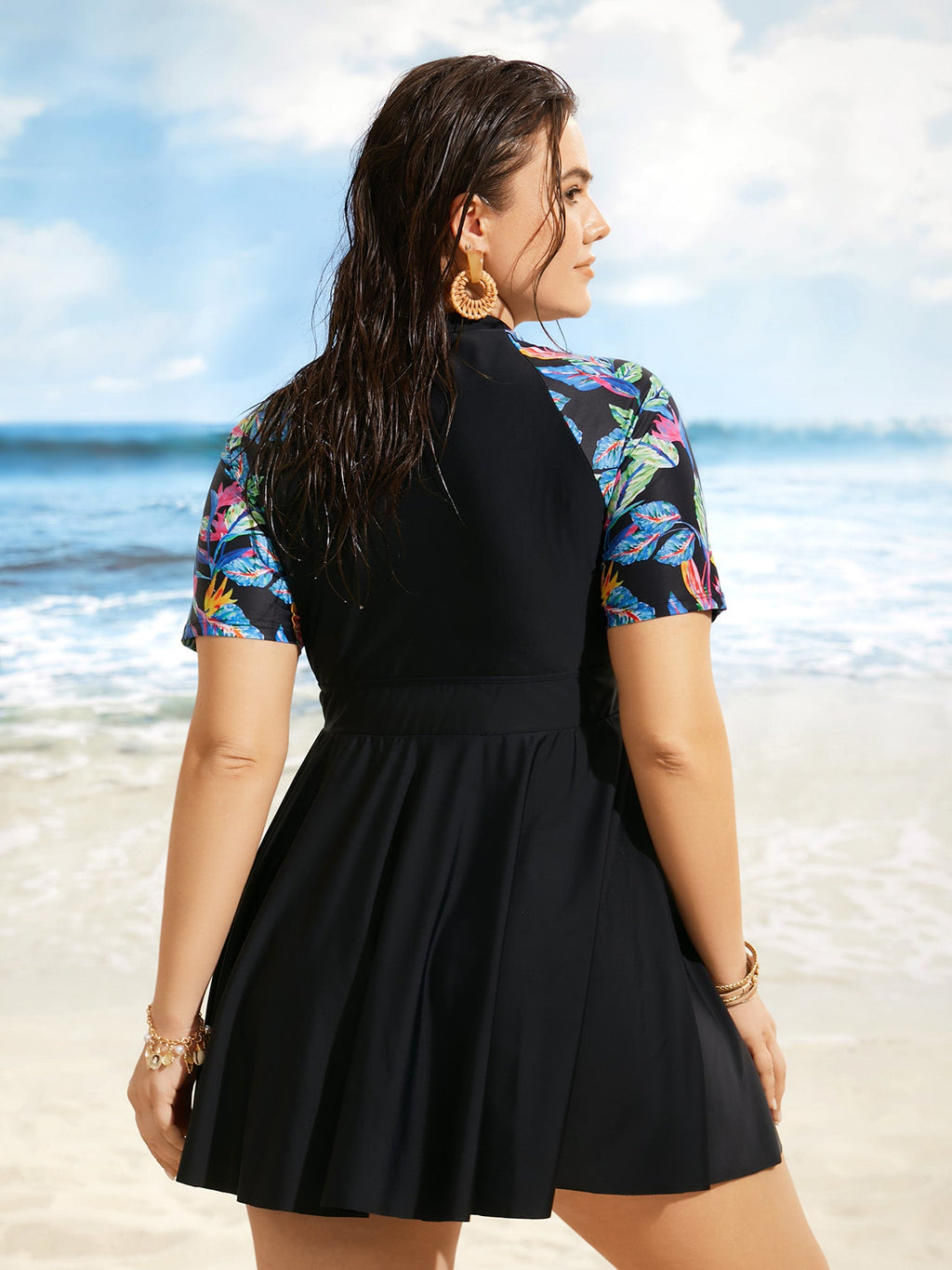 Tropical Print Half Zip Raglan Sleeve Swim Dress