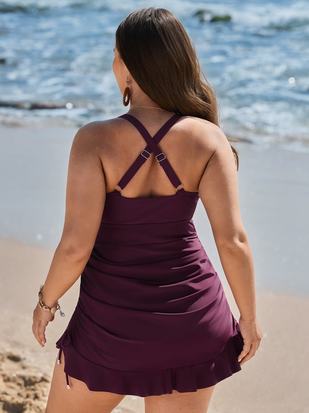 Adjustable Tie Ruffled Channel Drawstring Swim Dress