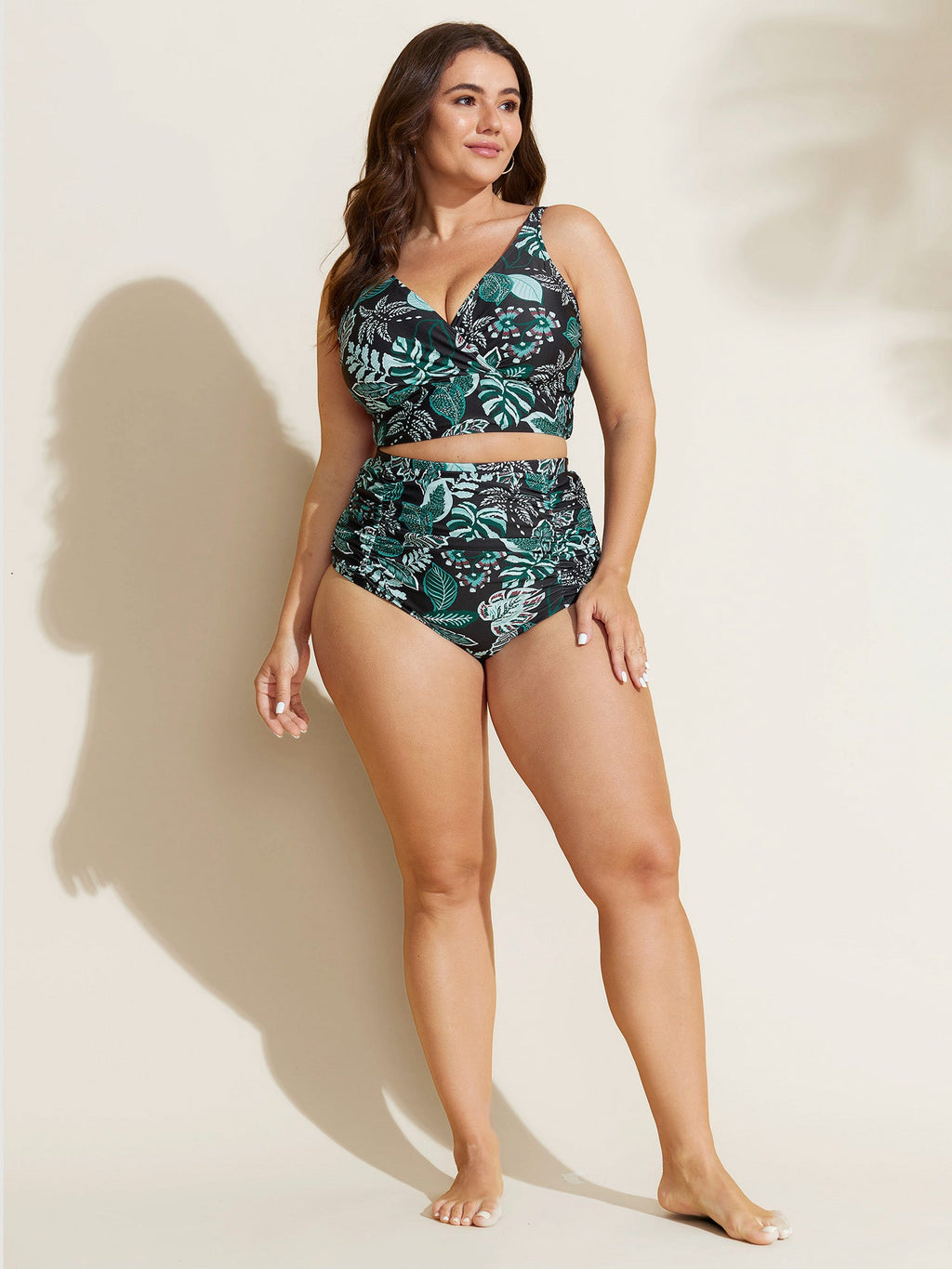 Tropical Print Surplice Neckline Bikini Top