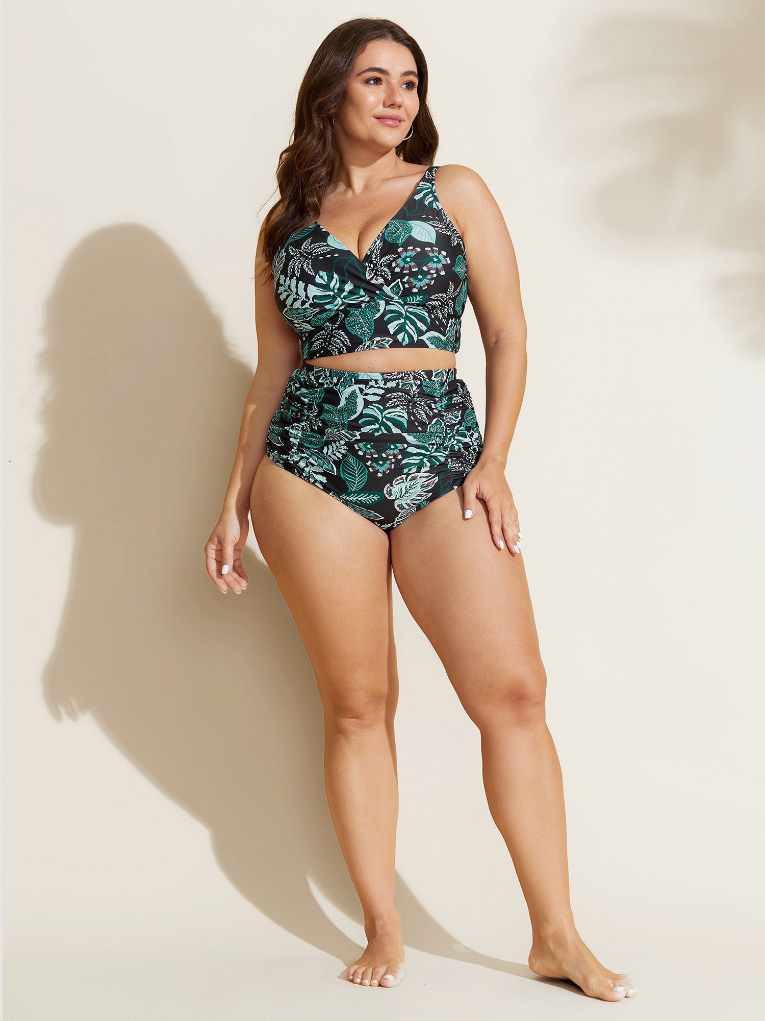 Tropical Print Surplice Neckline Bikini Top