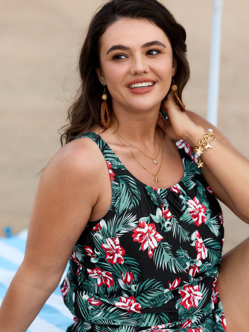 Tropical Flower Print Pockets One-Piece Swimsuit