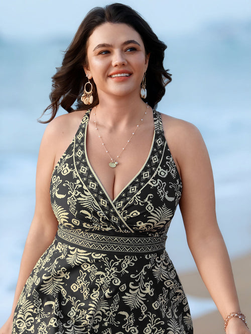 Boho Floral Print Pockets Crossstraps Swim Dress