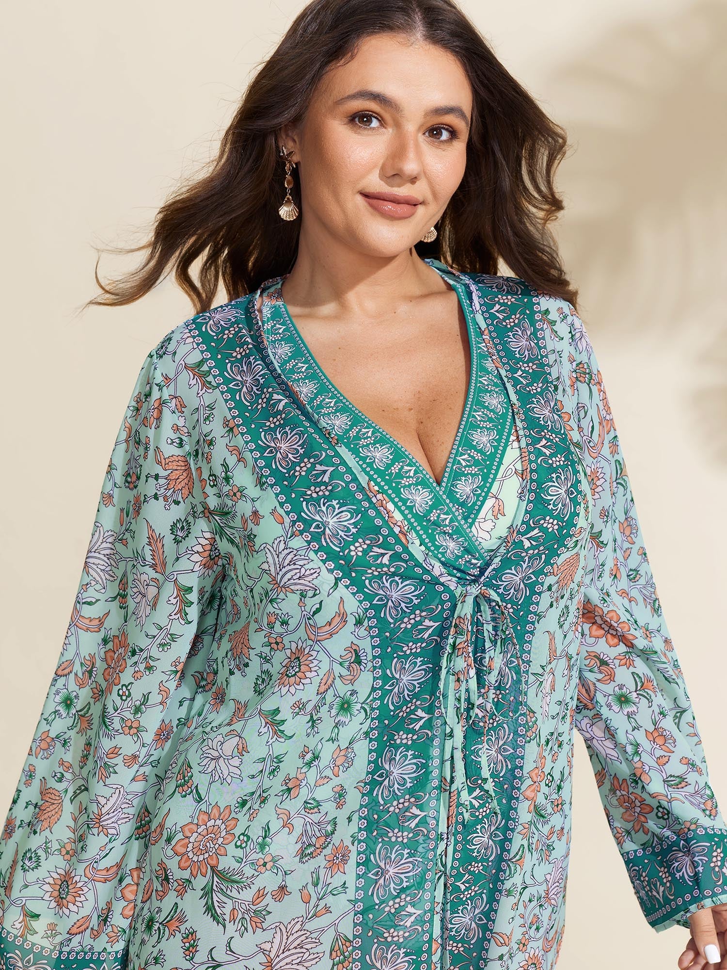 Floral Color Contrast Front-Tie Swim Cover-Up