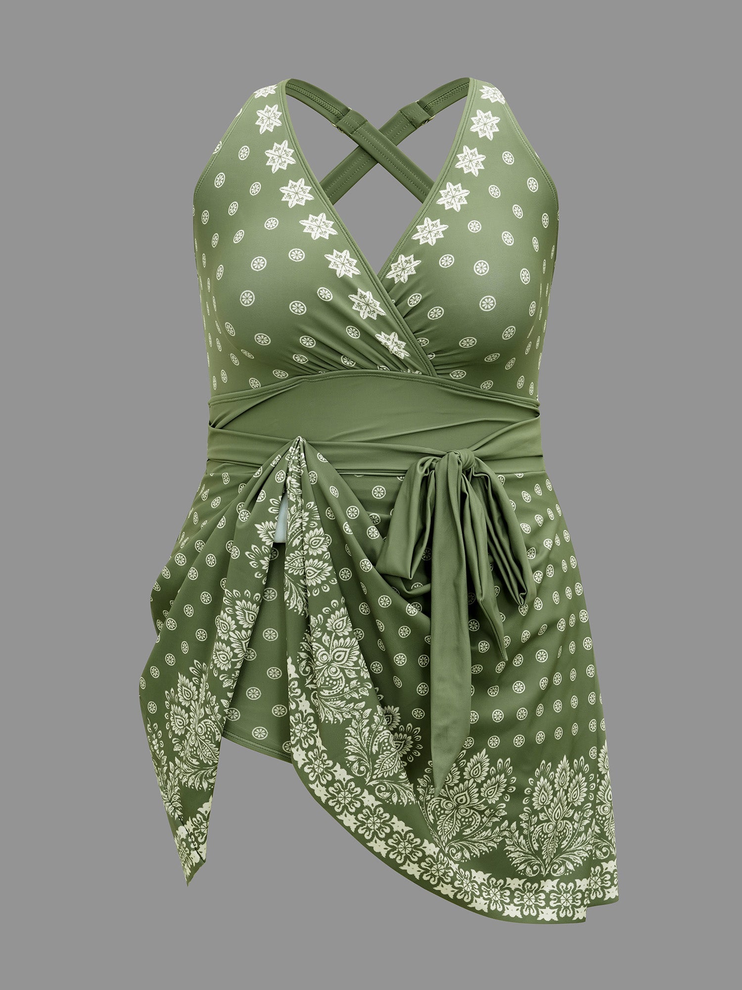 Boho Print Waist-Tie Surplice Neck Swim Dress