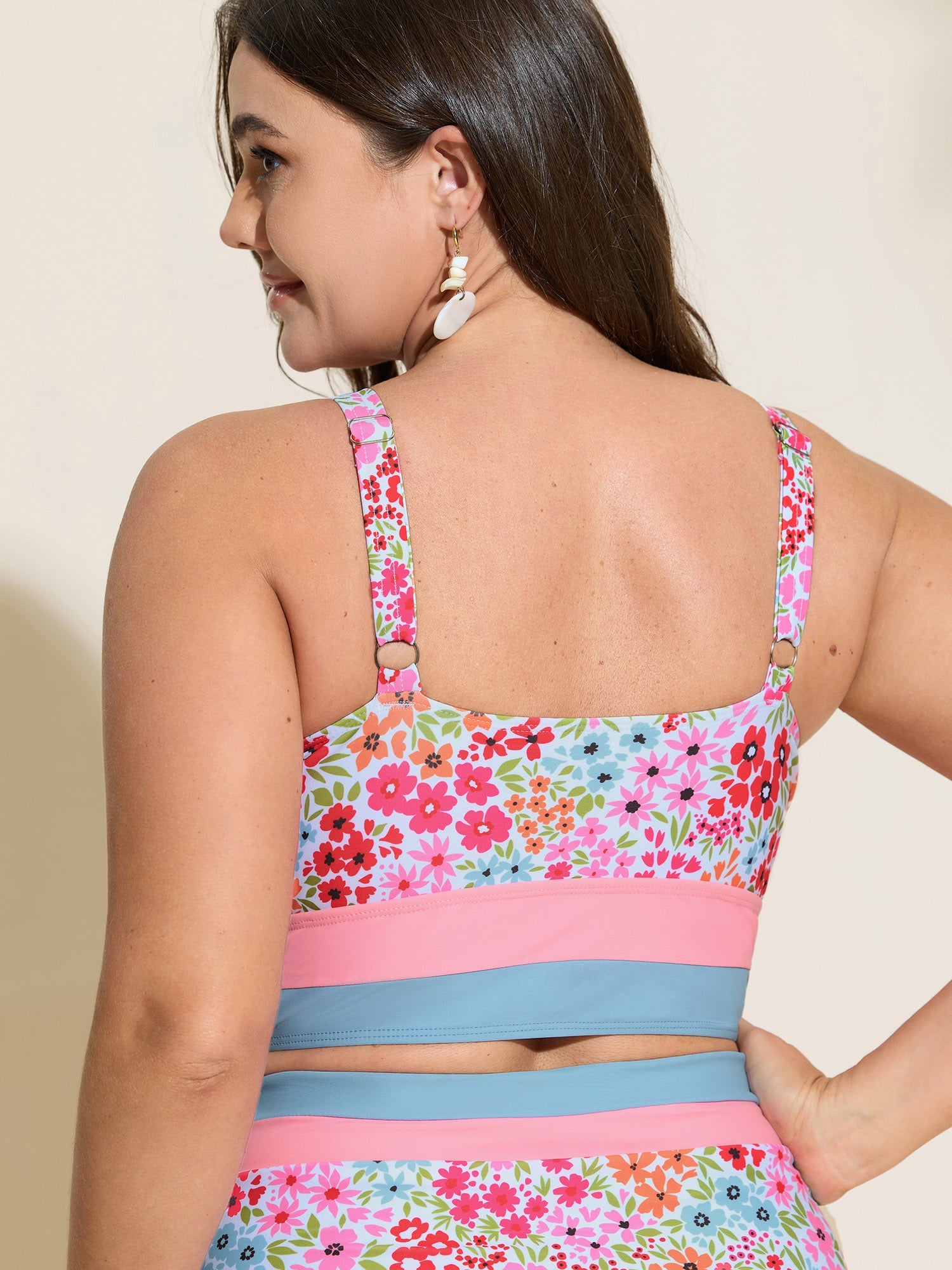 Colorful Floral Print Surplice Neckline Swim Top