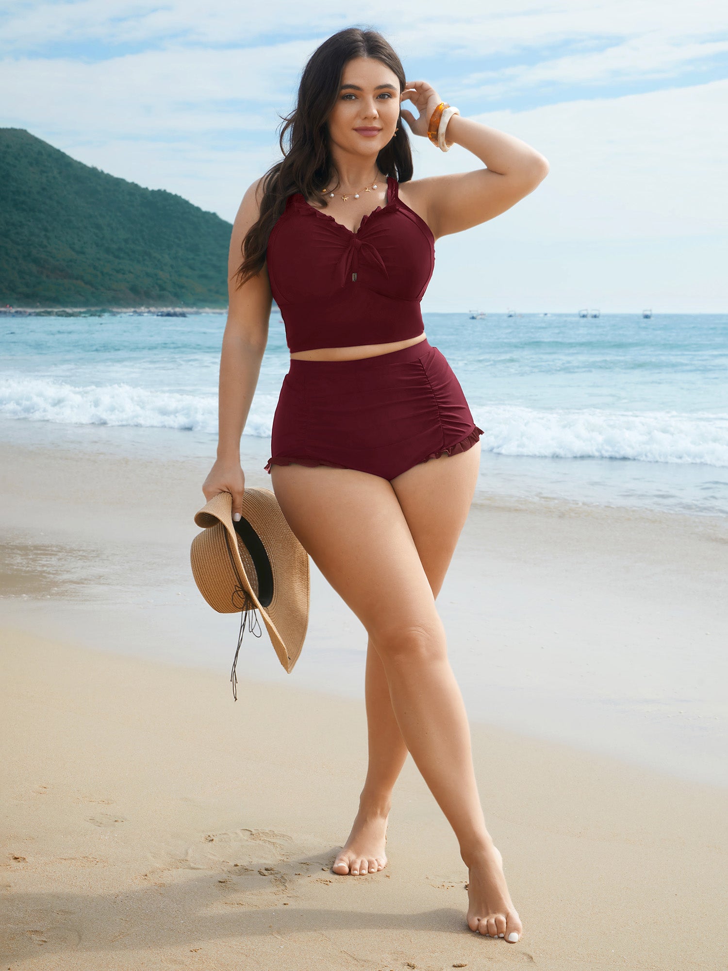 Ruched Mesh Seamed Ruffle Trim Bikini Bottoms