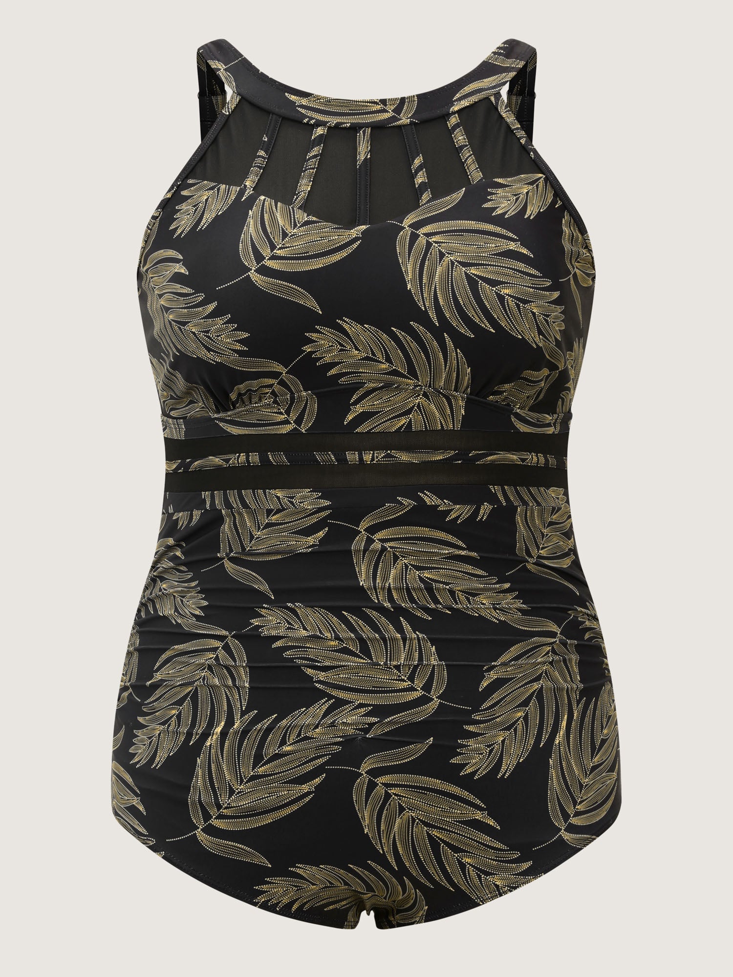 Tropical Leaf Print Sheer Splicing One-Piece Swimsuit