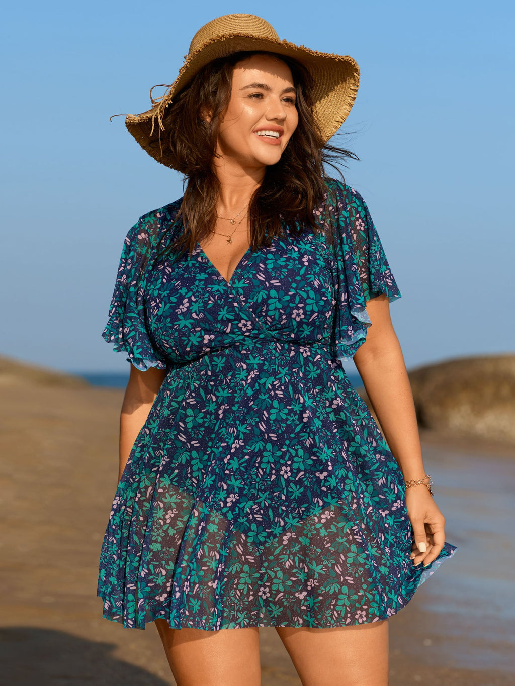 Colorful Sheer Floral Print Swim Dress