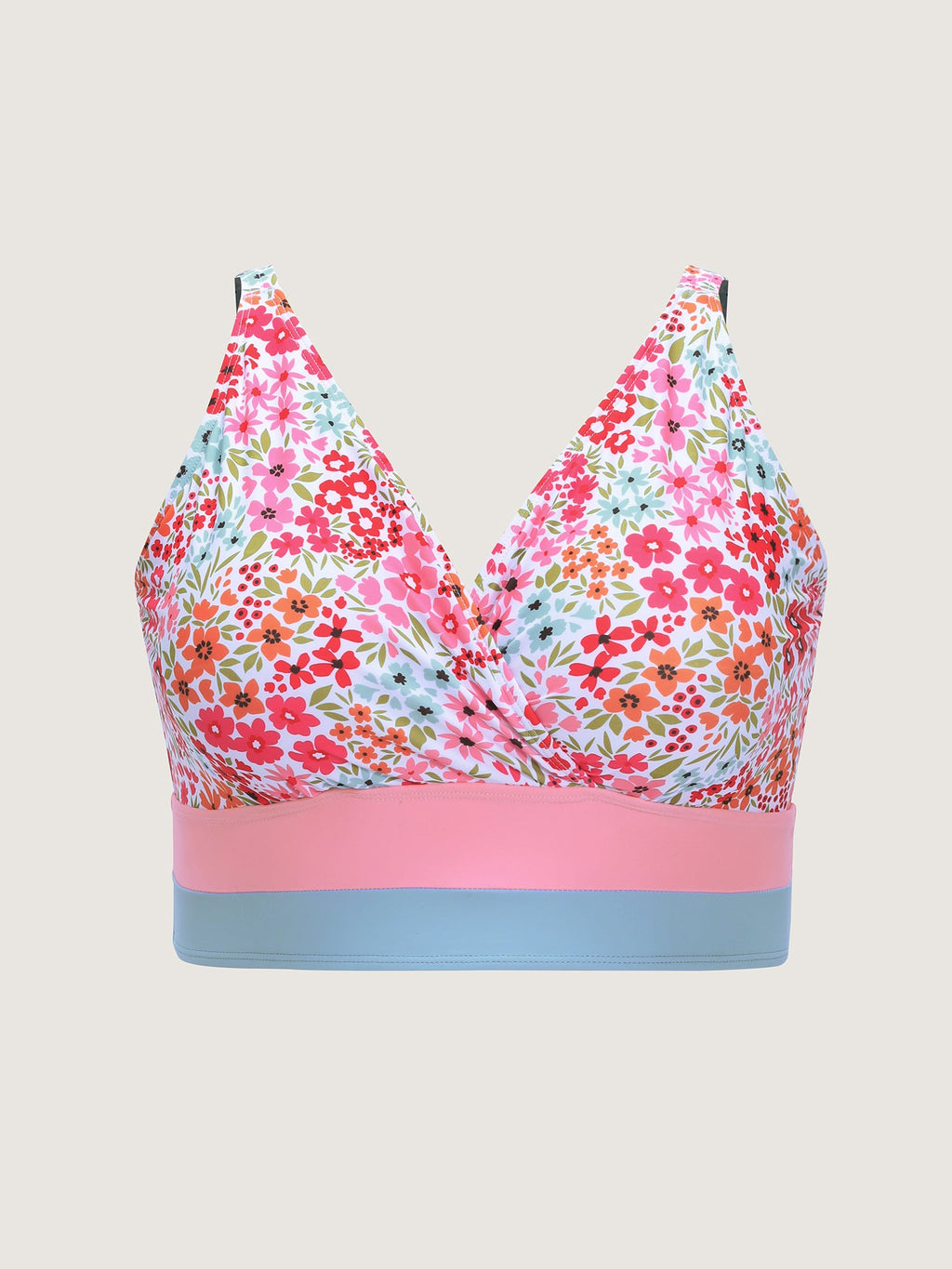 Colorful Floral Print Surplice Neckline Swim Top