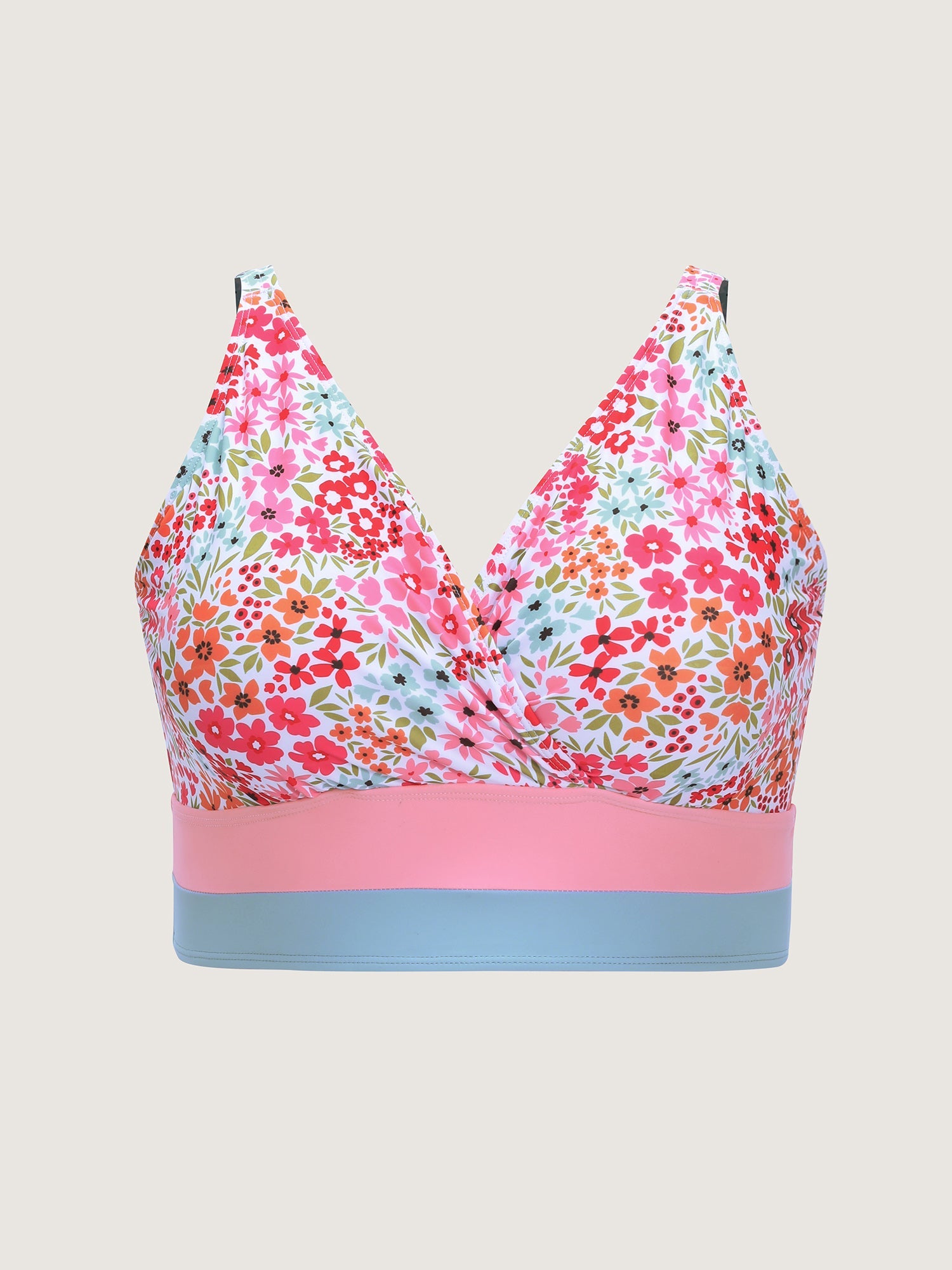 Colorful Floral Print Surplice Neckline Swim Top
