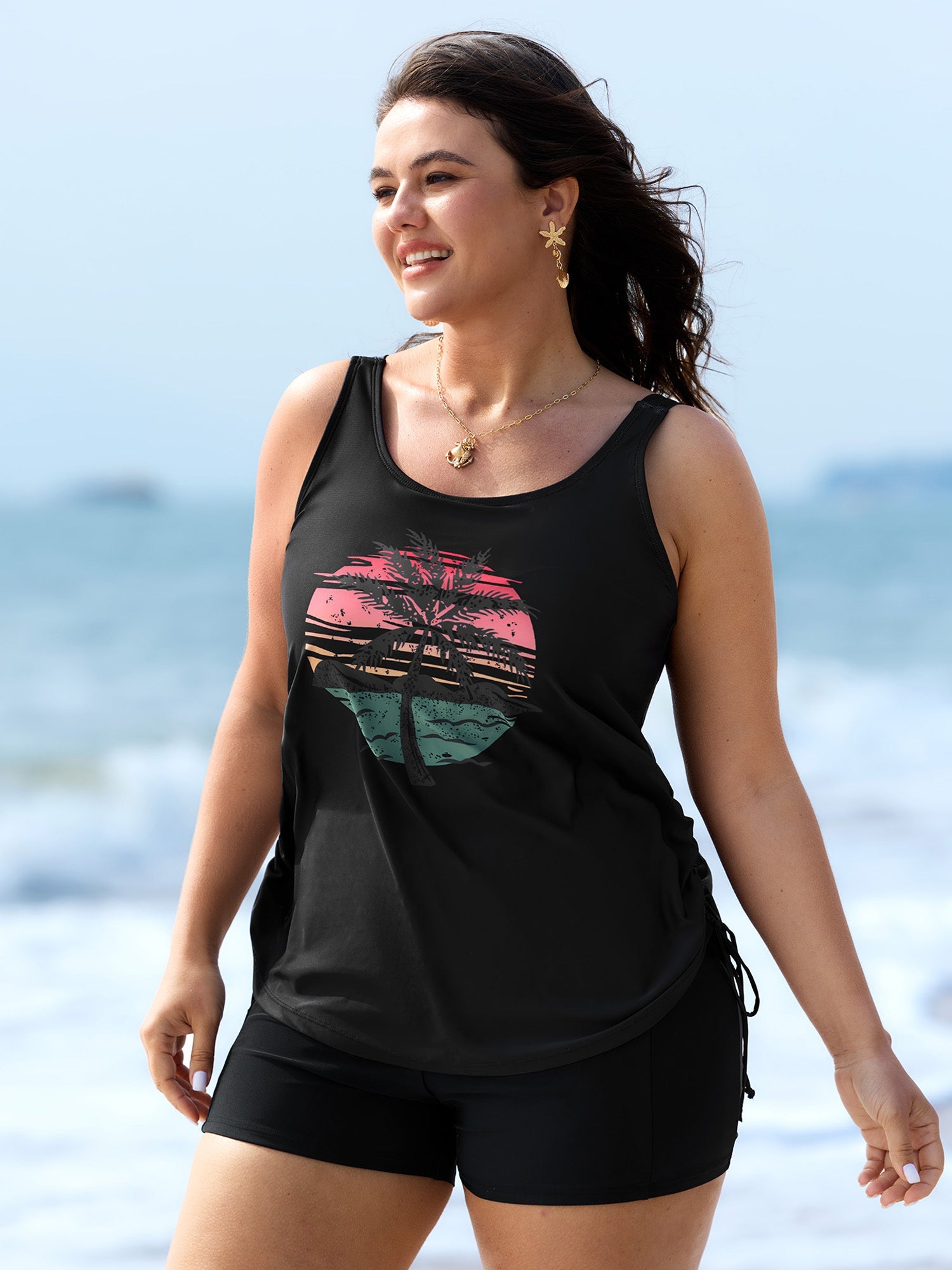 Island Print Drawstring Adjustable Swim Top