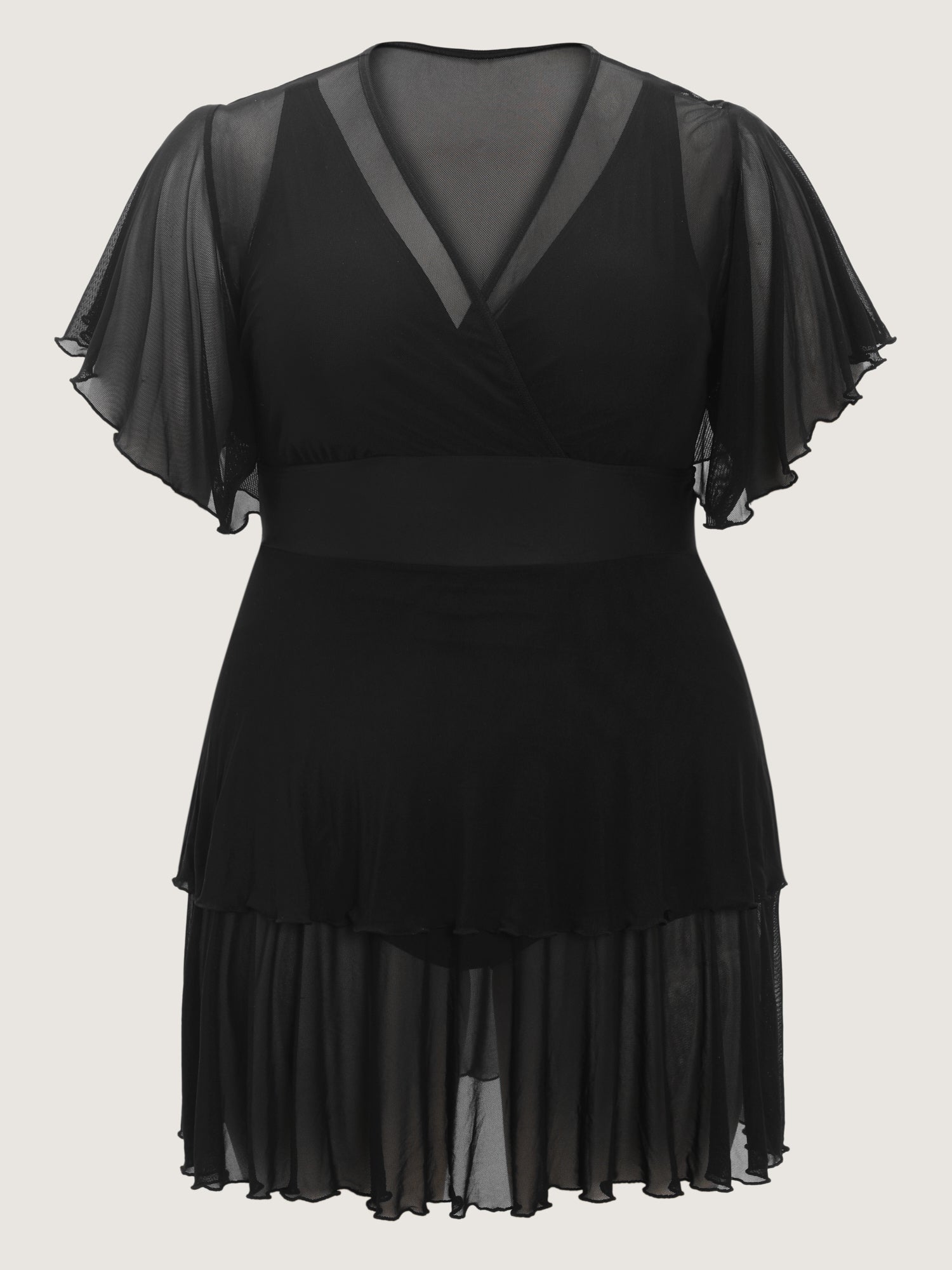 Sheer Ruffled Sleeve Layered Swim Dress