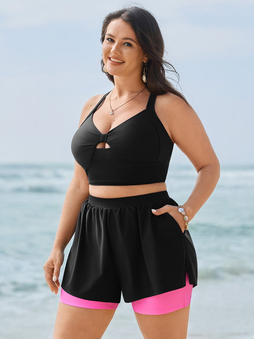 Color Contrast Layered Hem Pockets Swim Shorts