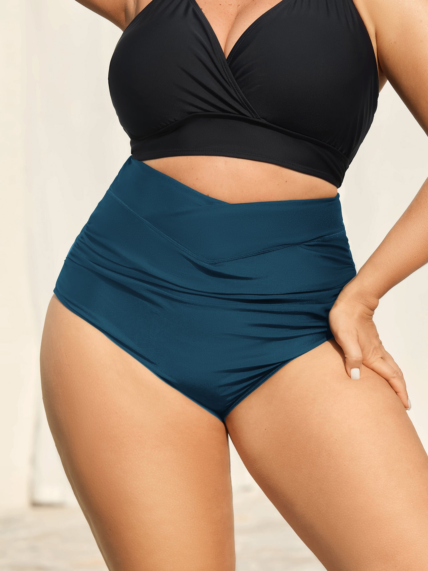 Crossover High Waist Ruched Bikini Bottoms