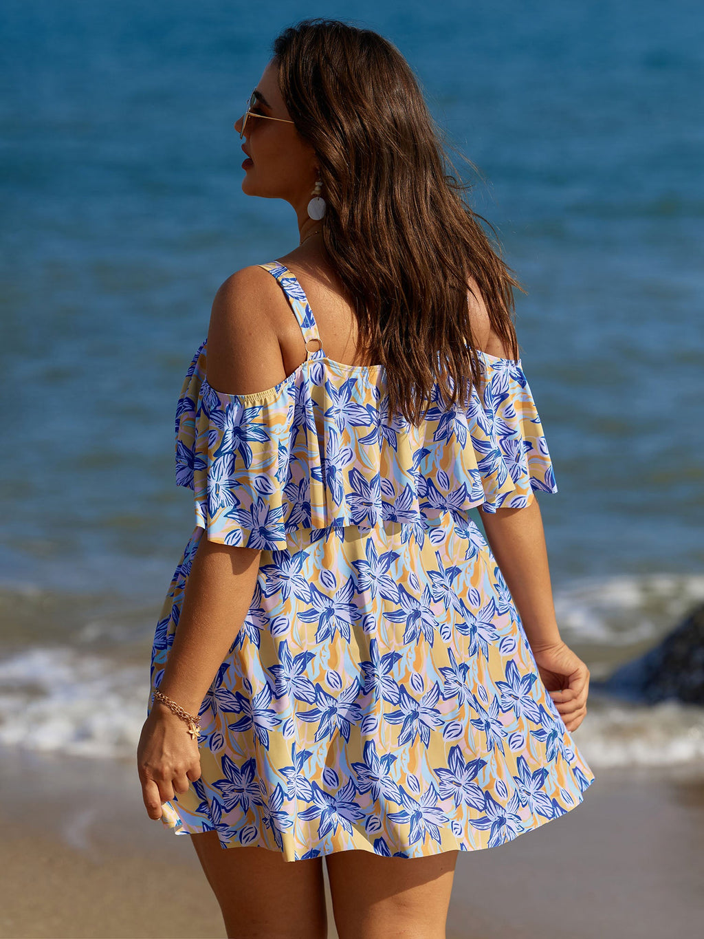 Floral Ruffle Trim Off Shoulder Pockets Swim Dress