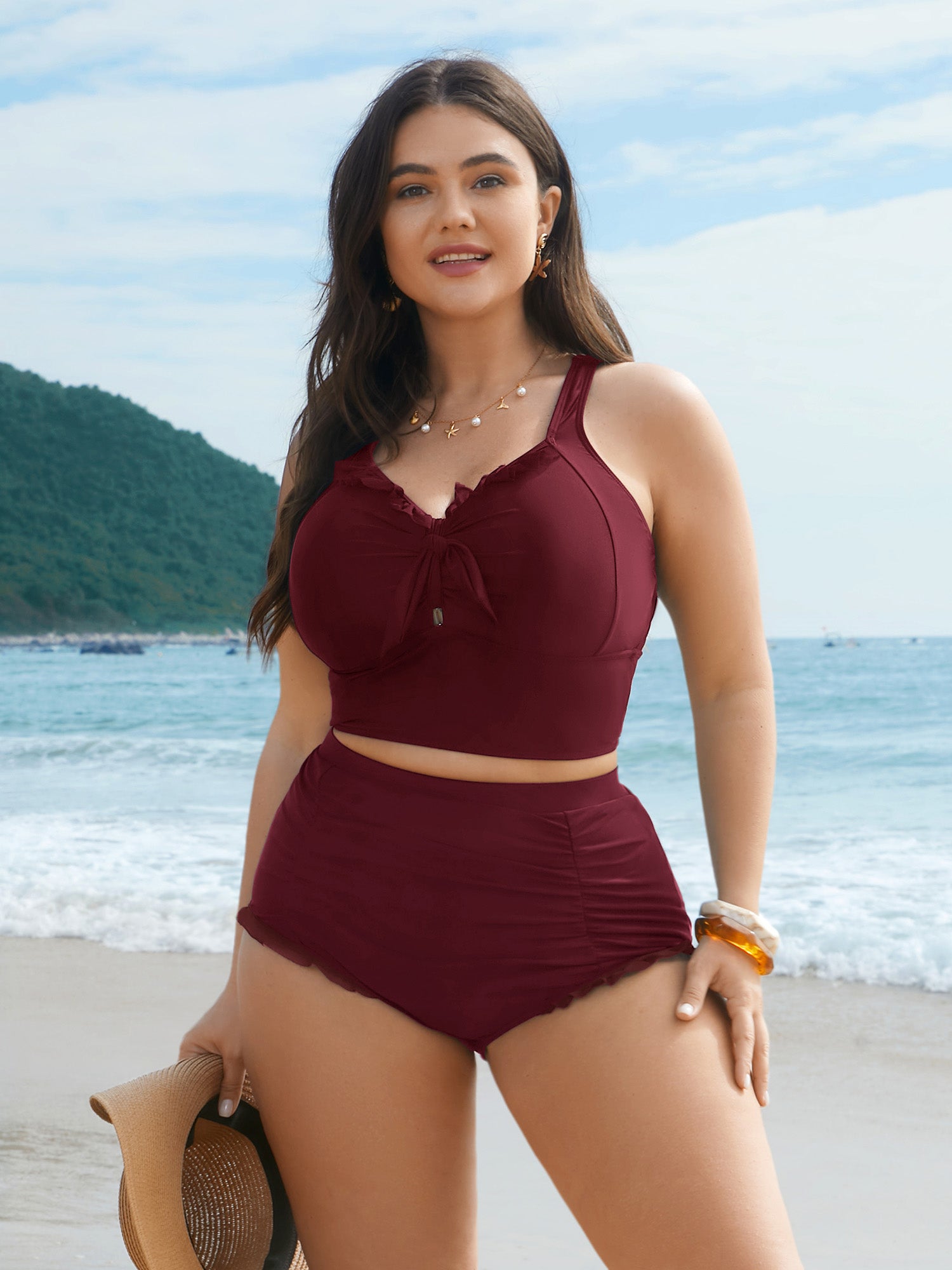 Ruched Mesh Seamed Ruffle Trim Bikini Bottoms