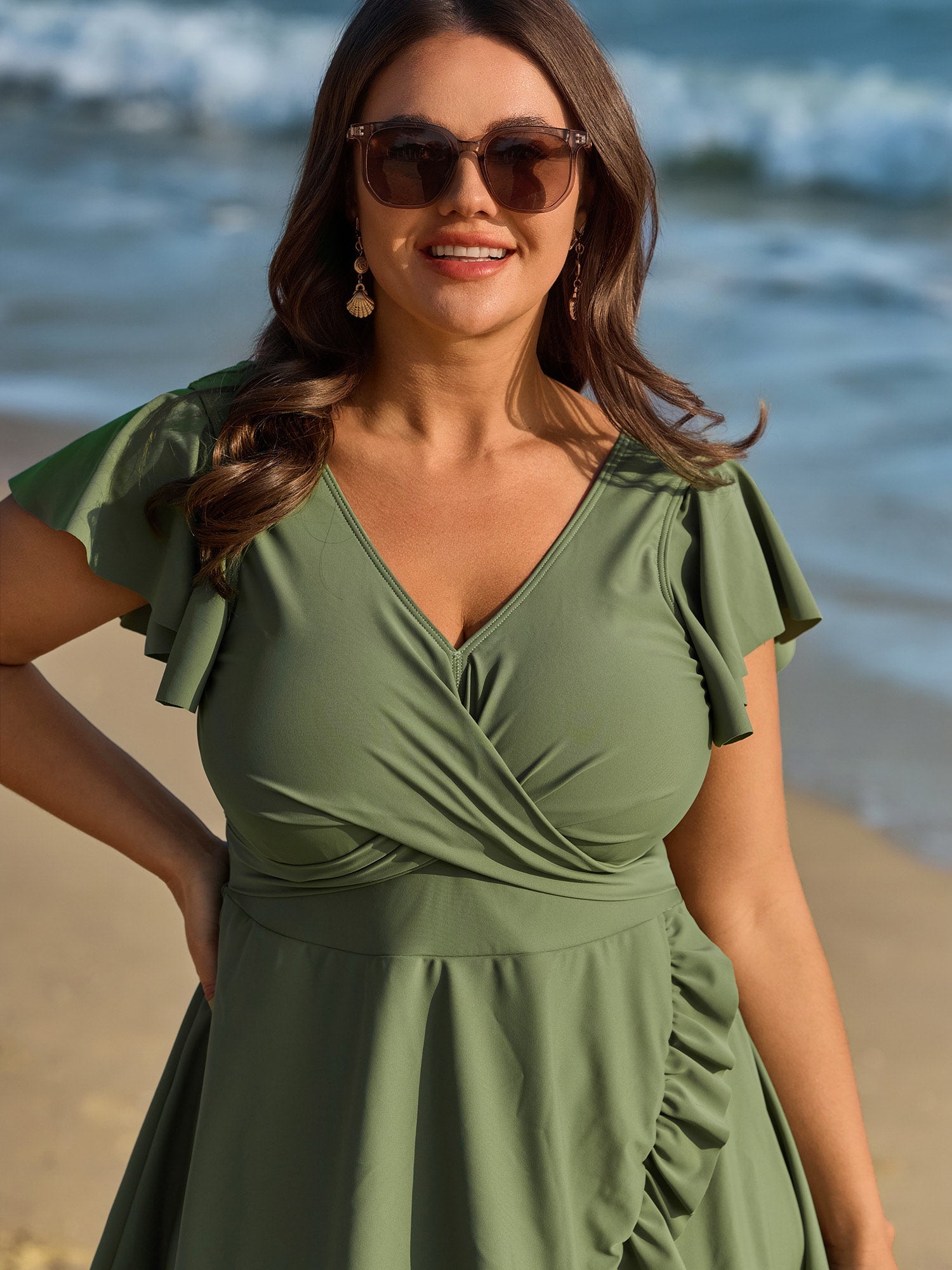 Ruffled Sleeve Curvy Hem Swim Dress