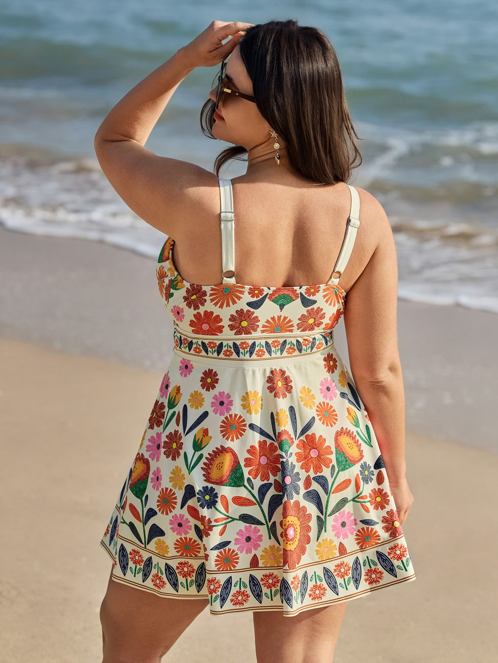 Floral Surplice Neckline Pockets Swim Dress