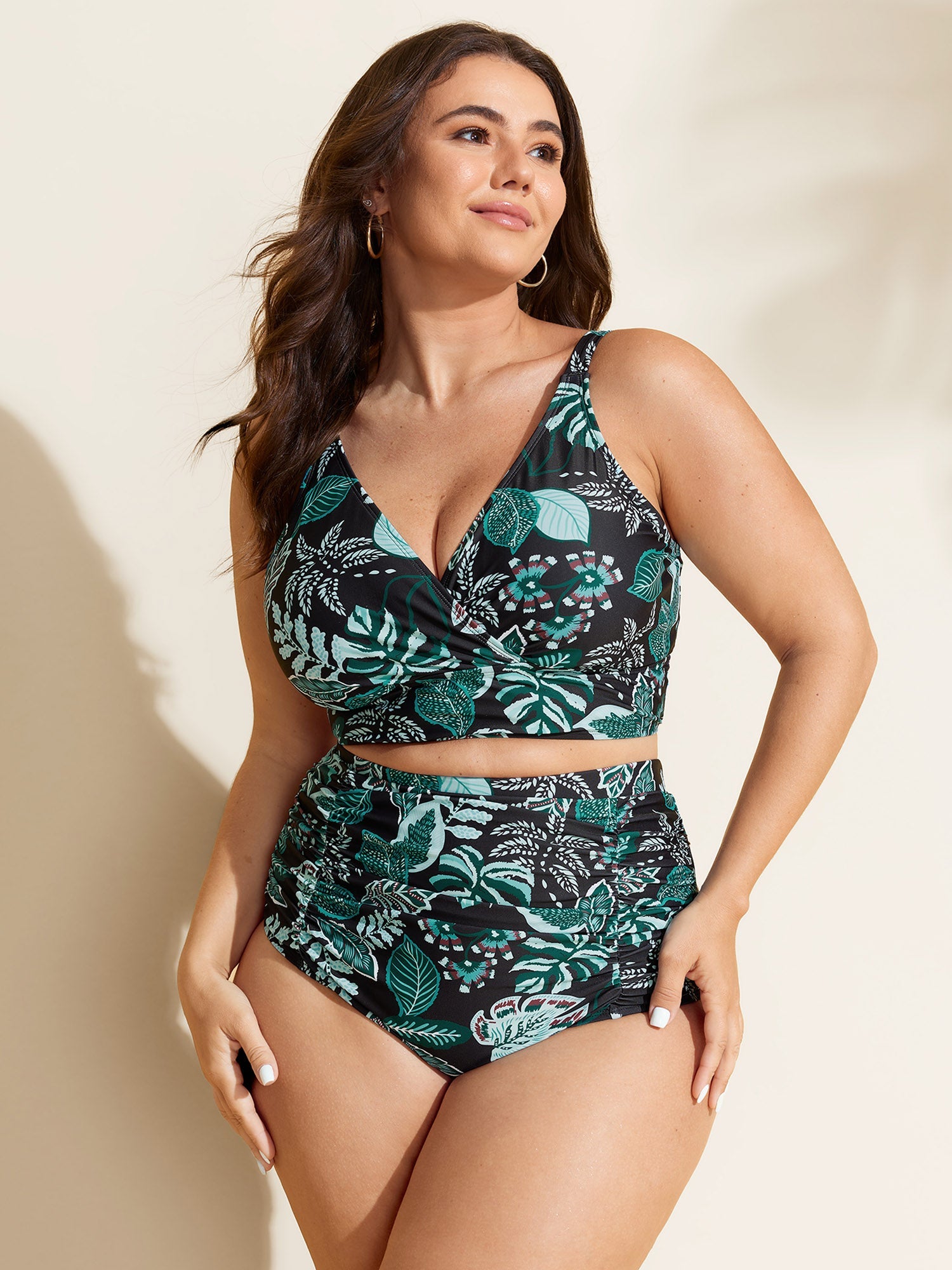 Tropical Floral Print High Waisted Tummy-Control Bikini Bottoms