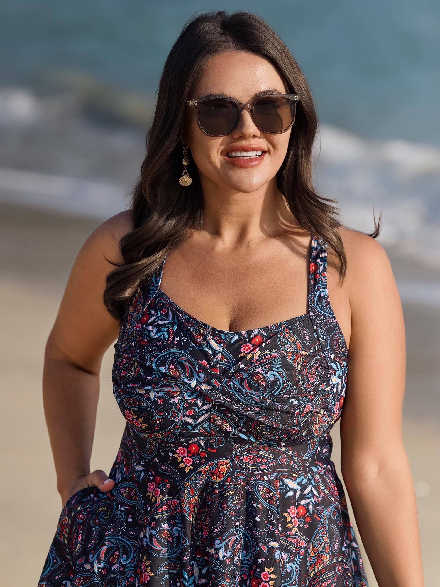 Paisley Print Crossstraps Pockets Swim Dress