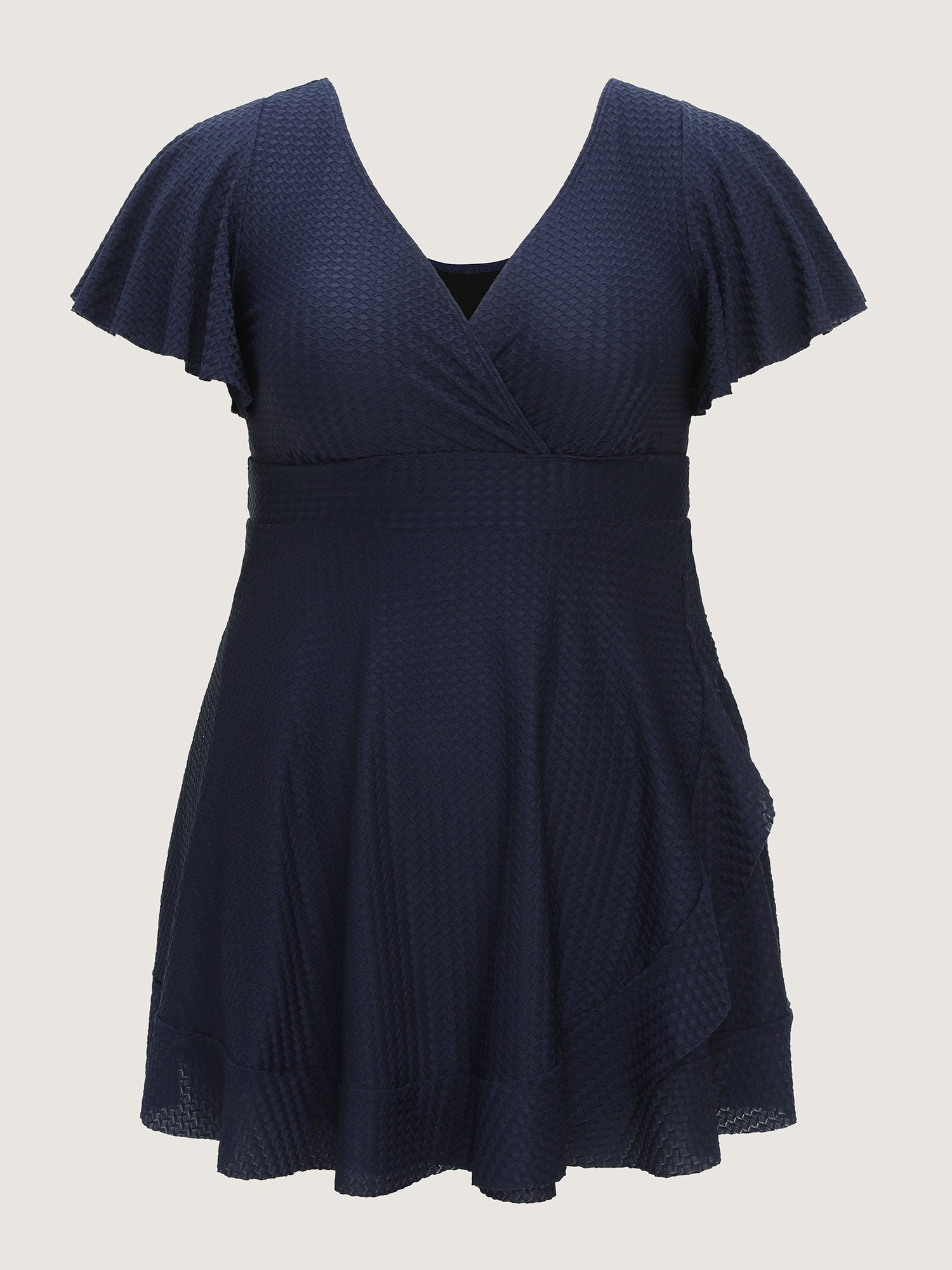 Textured V-Neck Ruffled Sleeve Swim Dress