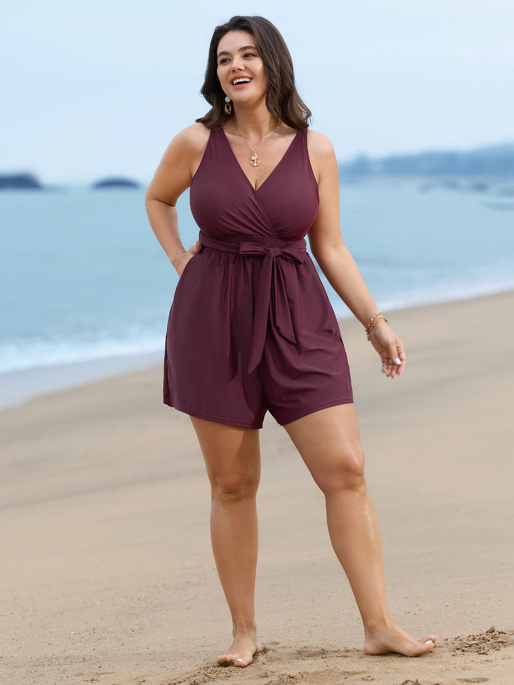 Surplice Neckline Belted Plain One-Piece Swimsuit