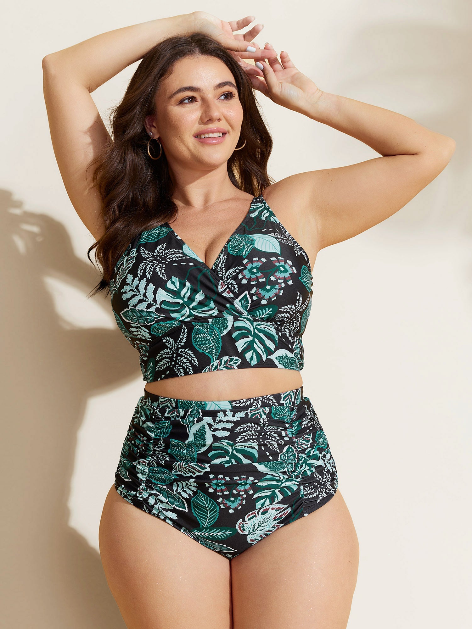 Tropical Print Surplice Neckline Bikini Top