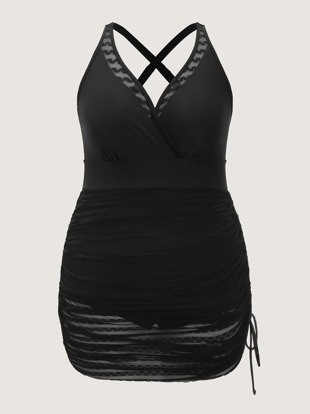 Lace Mesh Trim Adjustable Drawstring Swim Dress