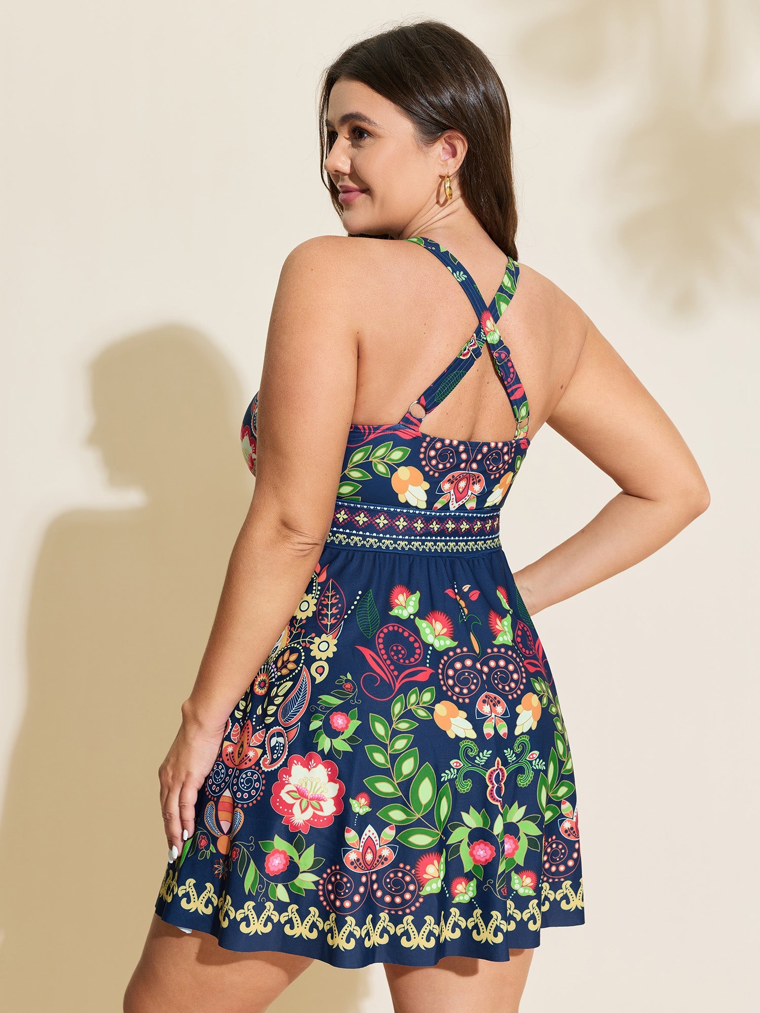 Tropical Floral Print Pockets Swim Dress