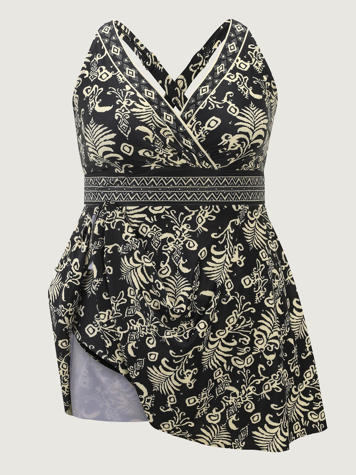 Boho Floral Print Pockets Crossstraps Swim Dress