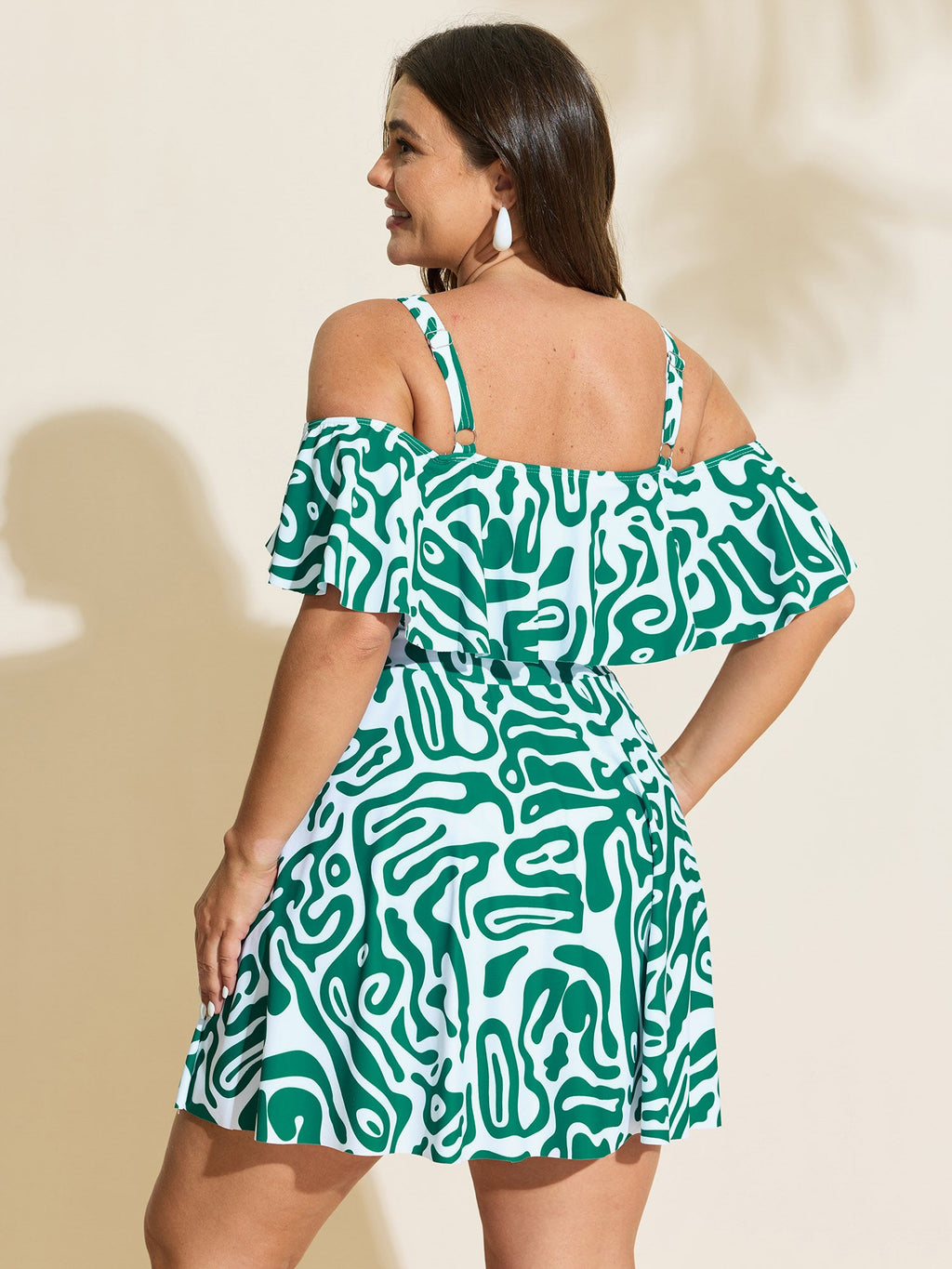Geometric Print Cold-Shoulder Swim Dress