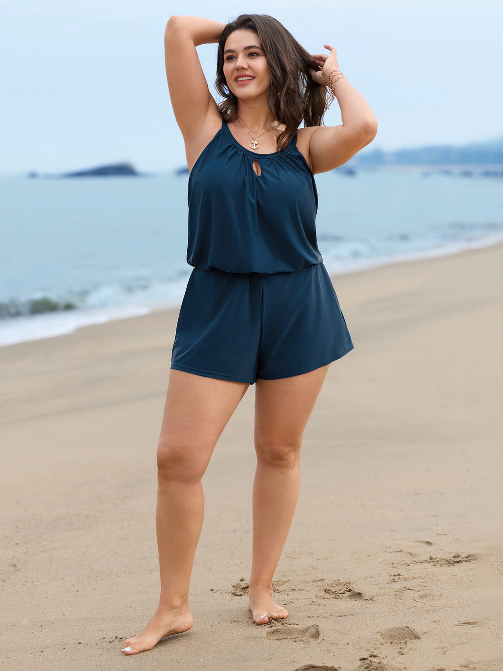 Solid Keyhole Elastic Waist Gathered One Piece Swimsuit