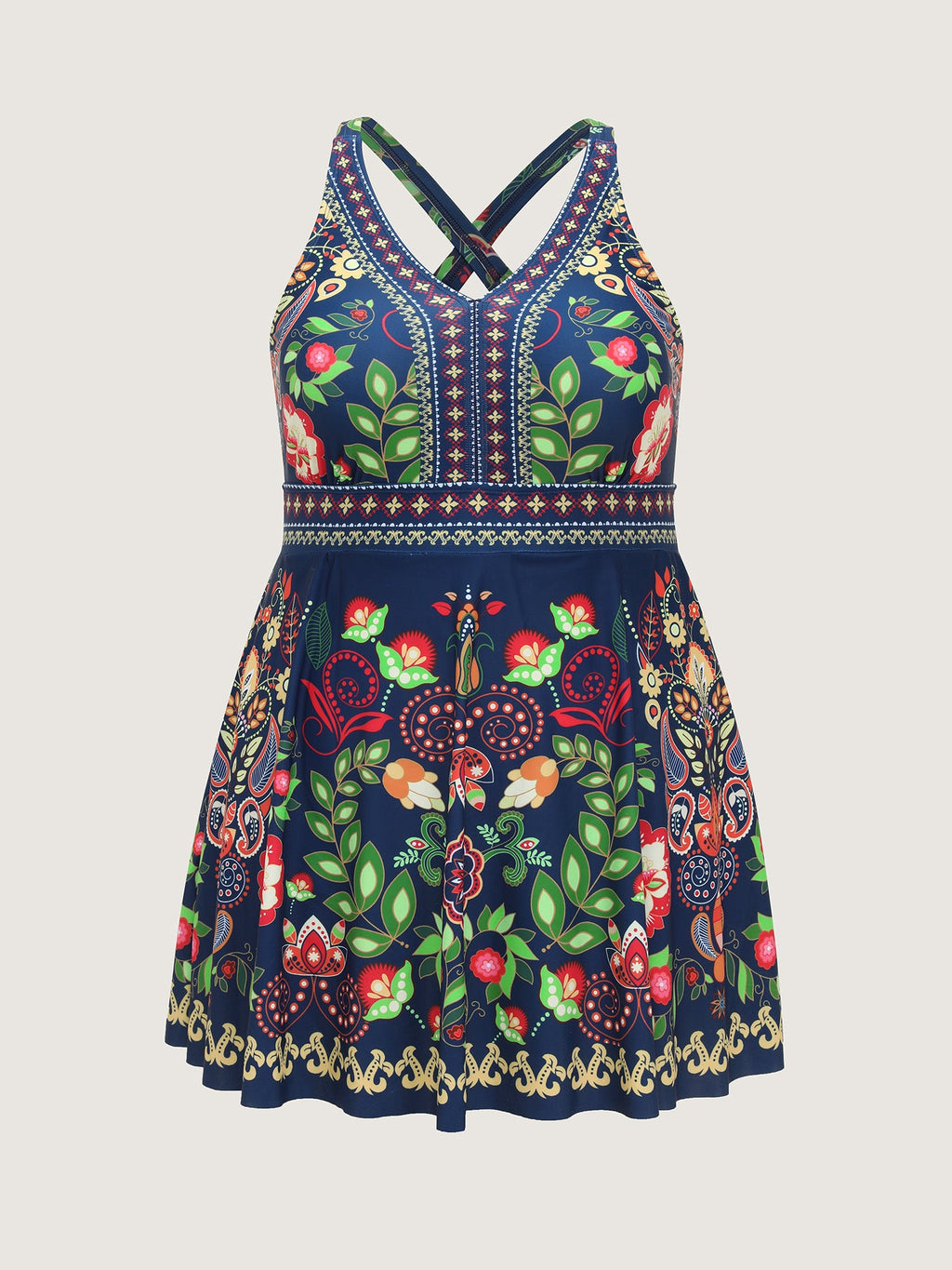 Tropical Floral Print Pockets Swim Dress