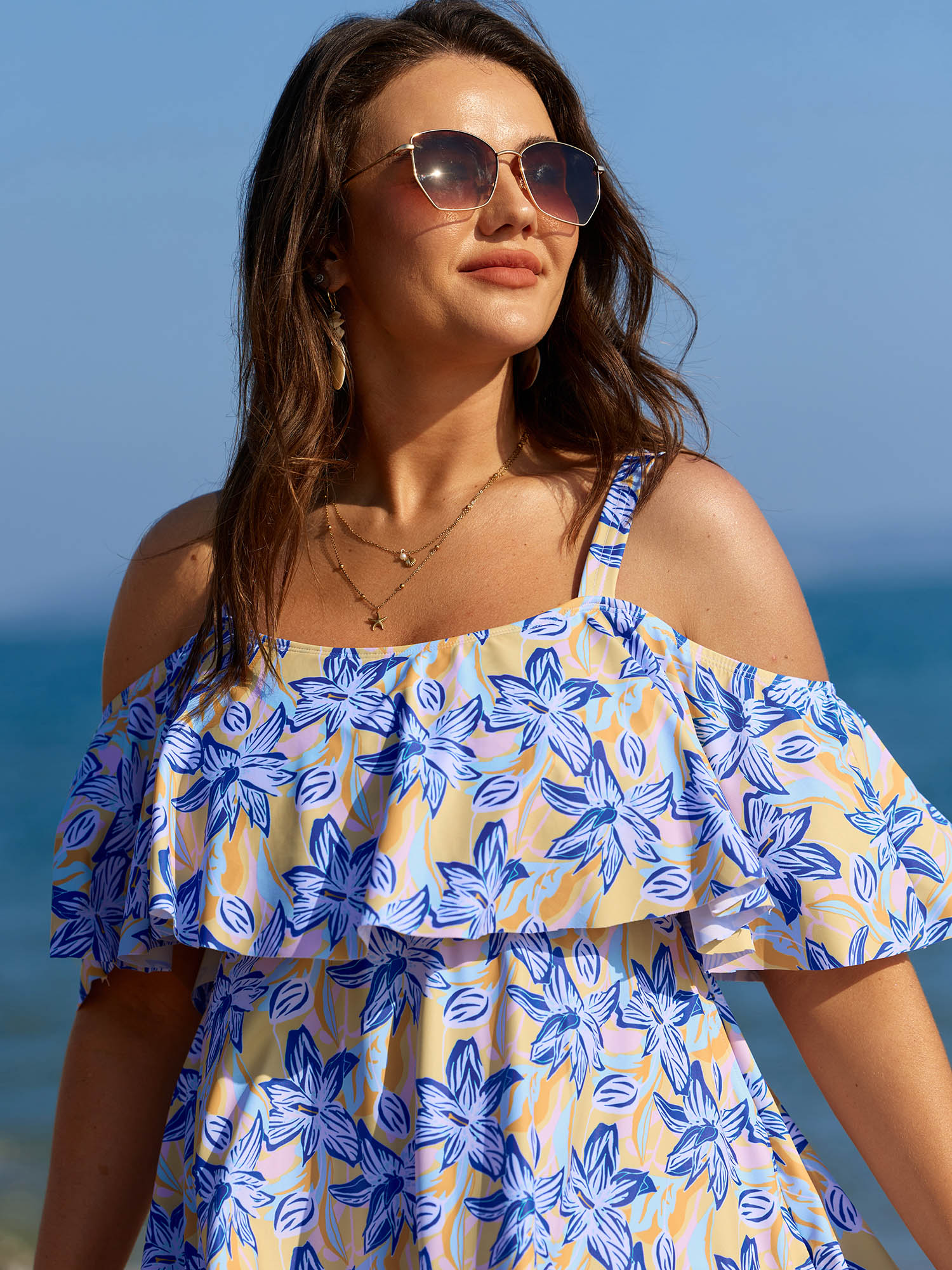 Floral Ruffle Trim Off Shoulder Pockets Swim Dress