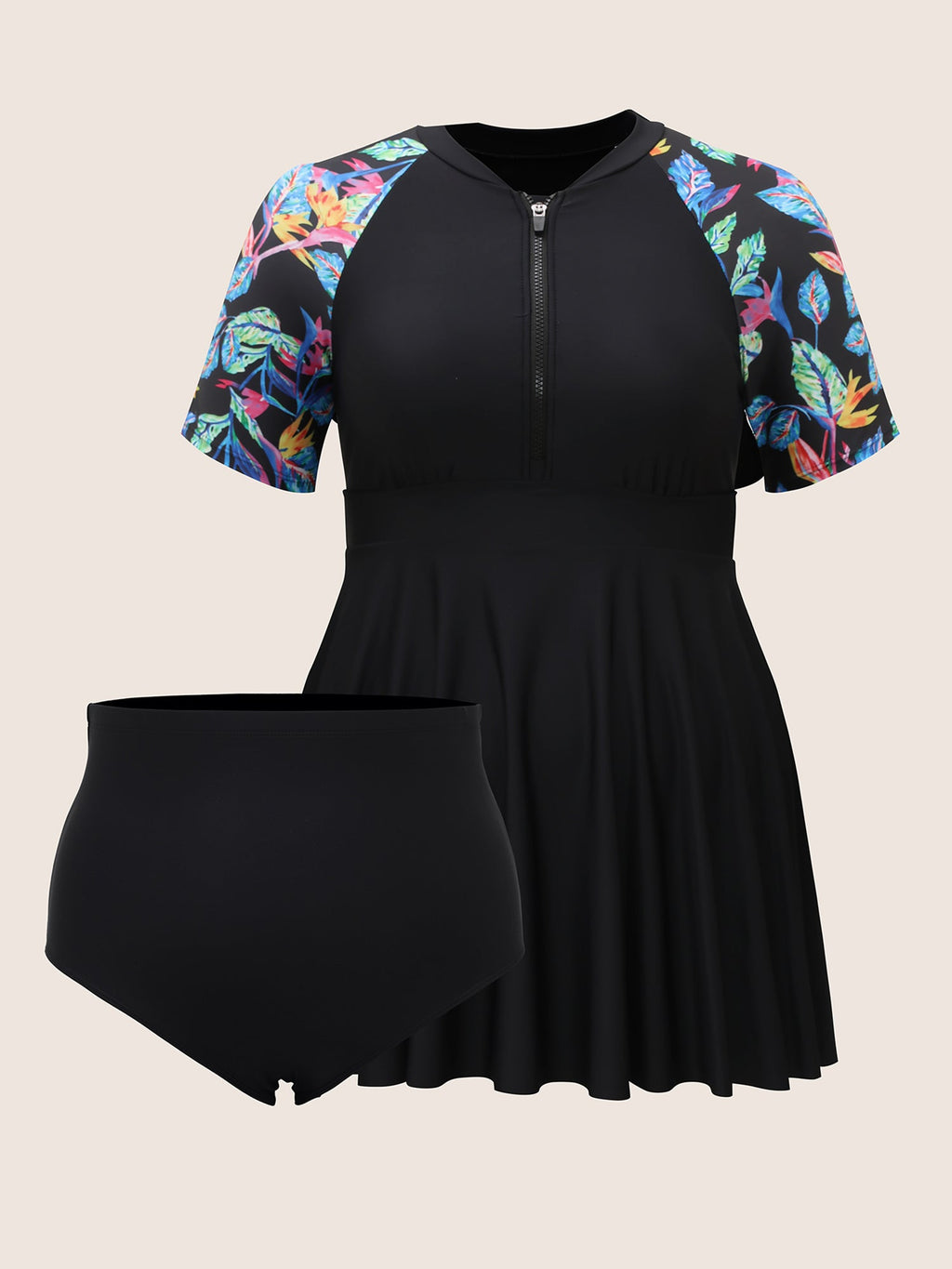 Tropical Print Half Zip Raglan Sleeve Swim Dress
