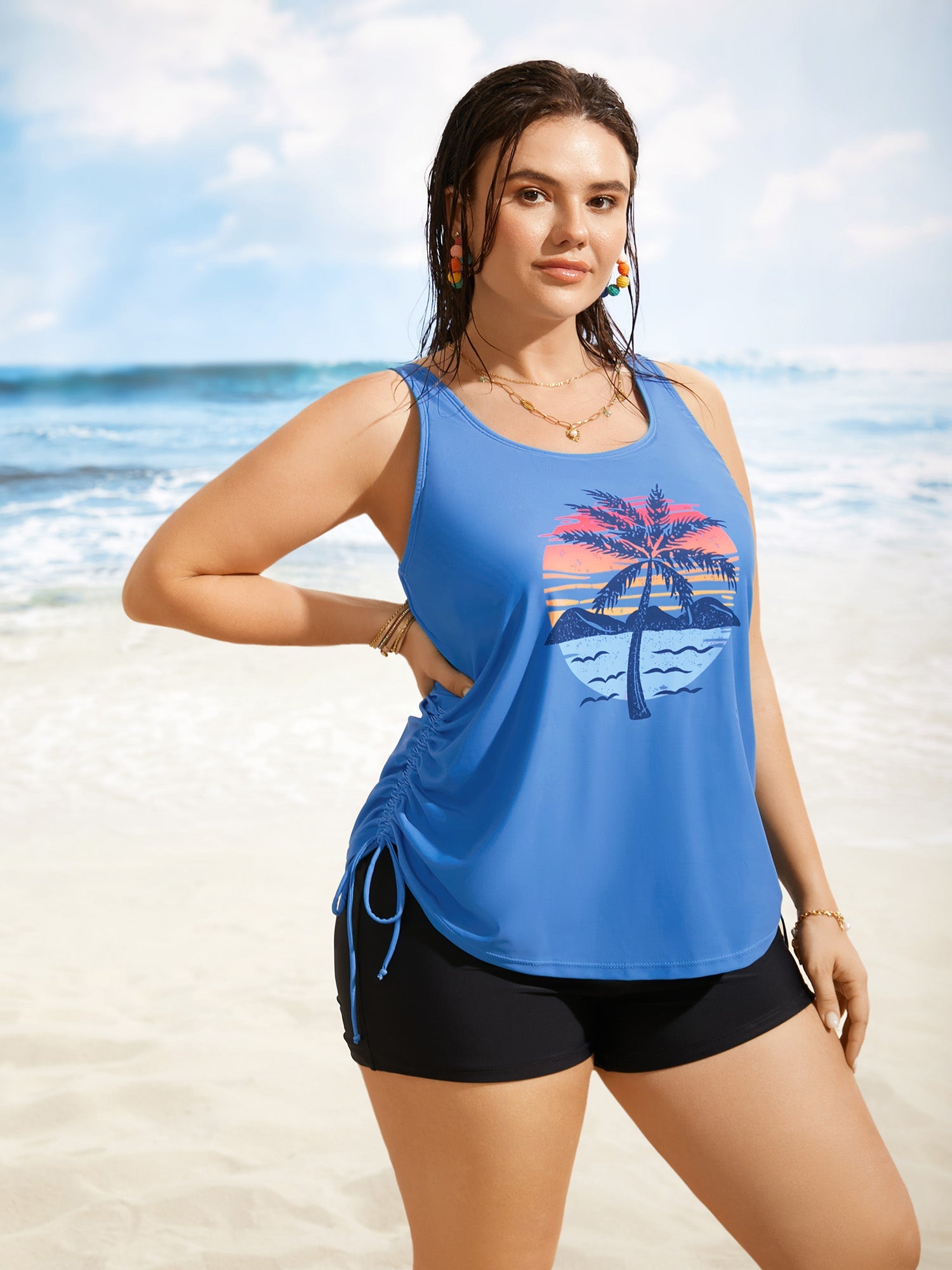 Island Print Drawstring Adjustable Swim Top