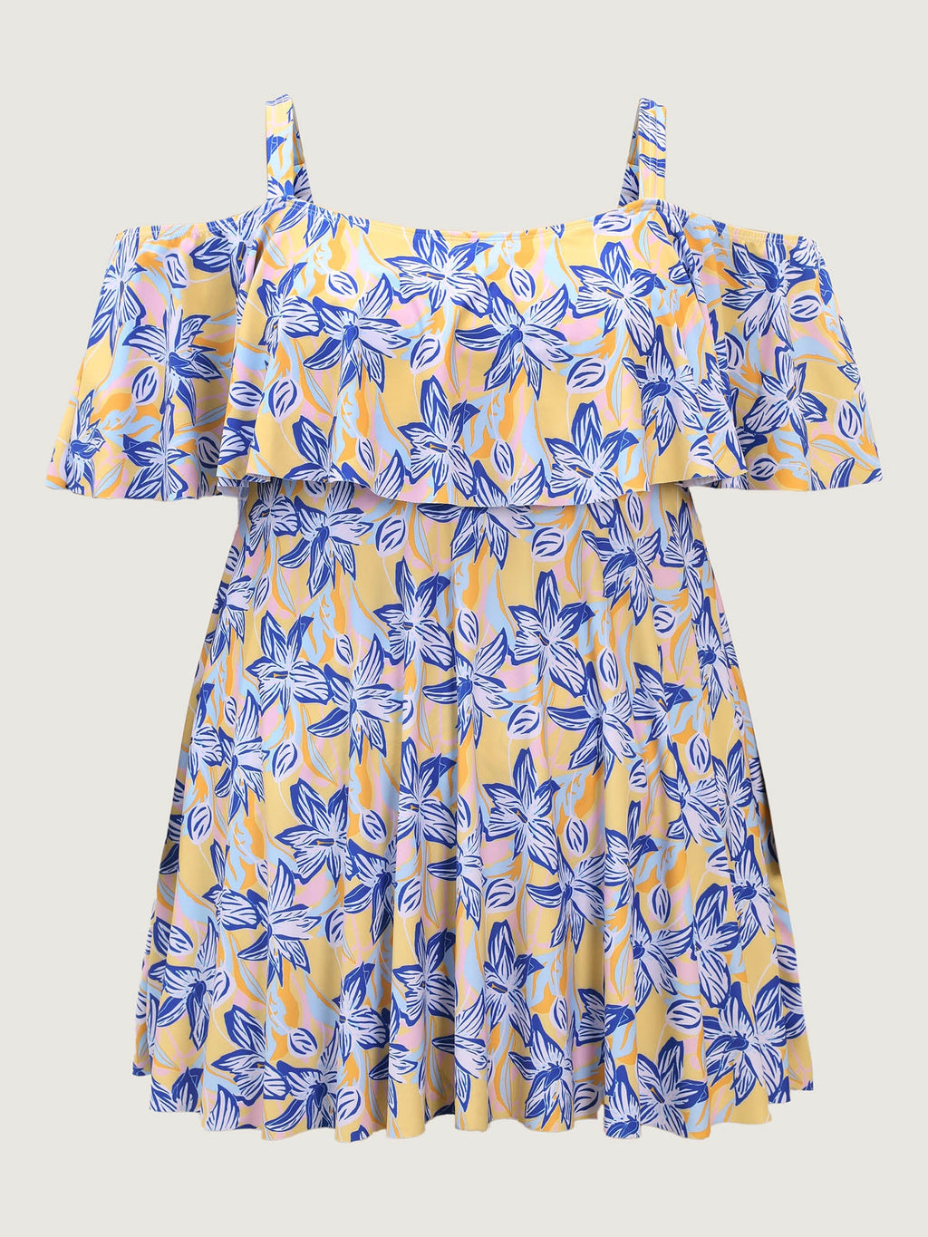 Floral Ruffle Trim Off Shoulder Pockets Swim Dress