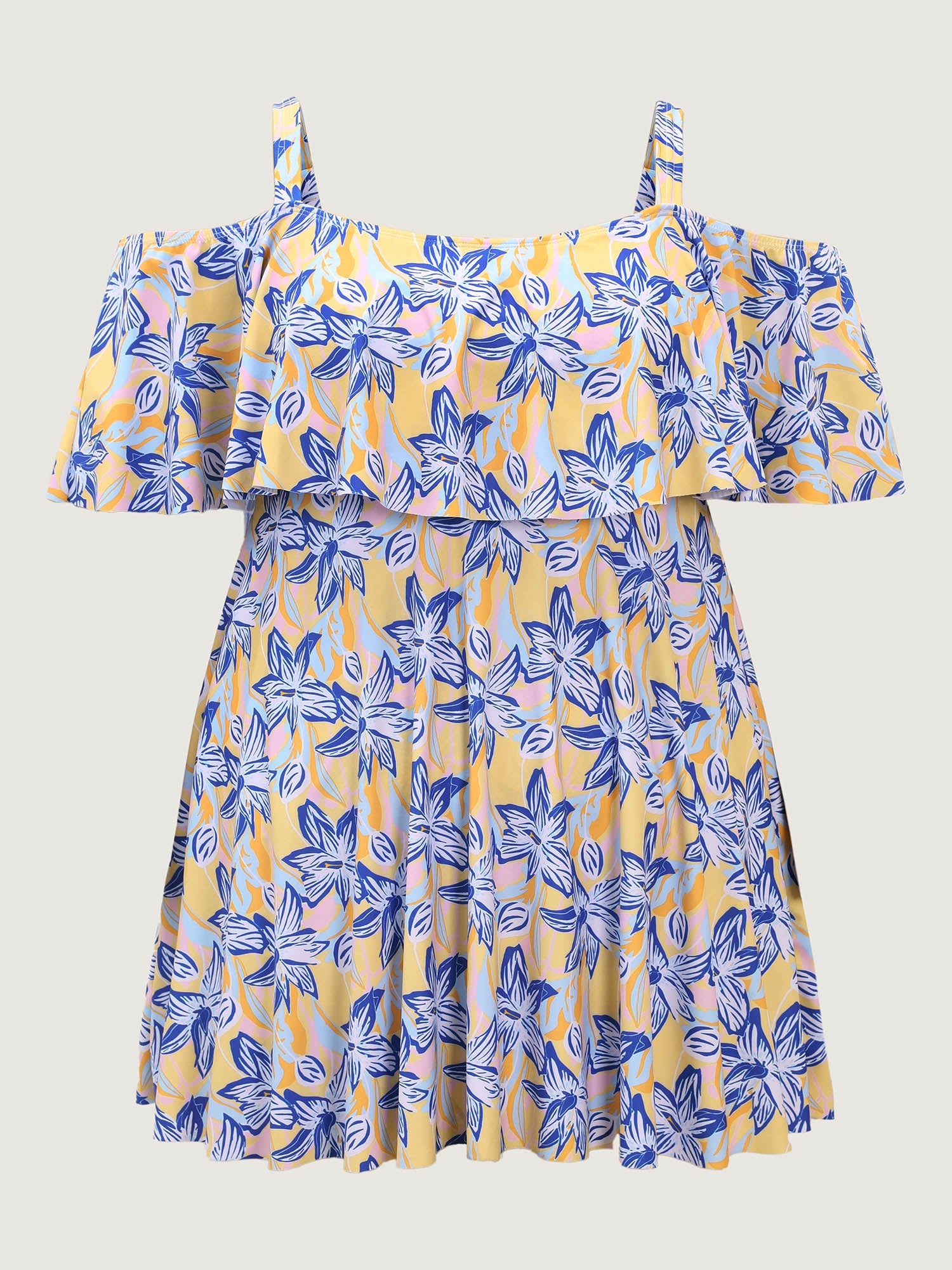 Floral Ruffle Trim Off Shoulder Pockets Swim Dress