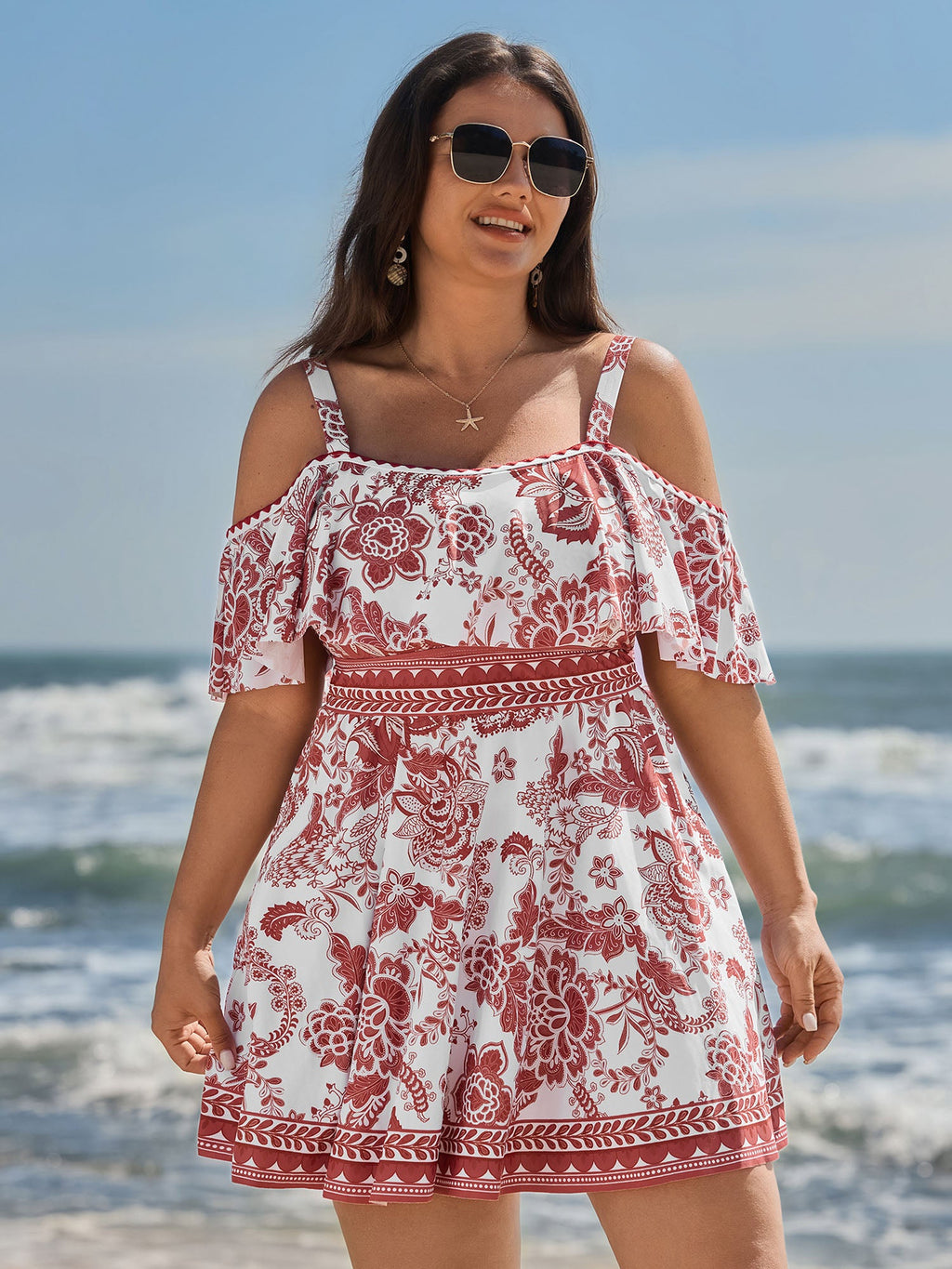 Anti-Float Tie Off-Shoulder Swim Dress