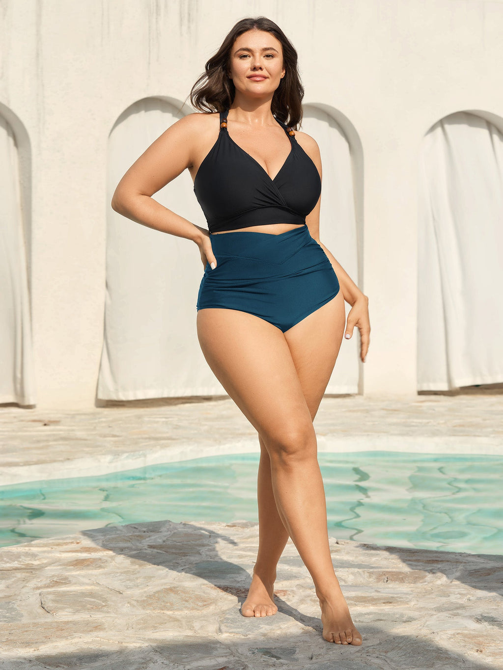 Crossover High Waist Ruched Bikini Bottoms