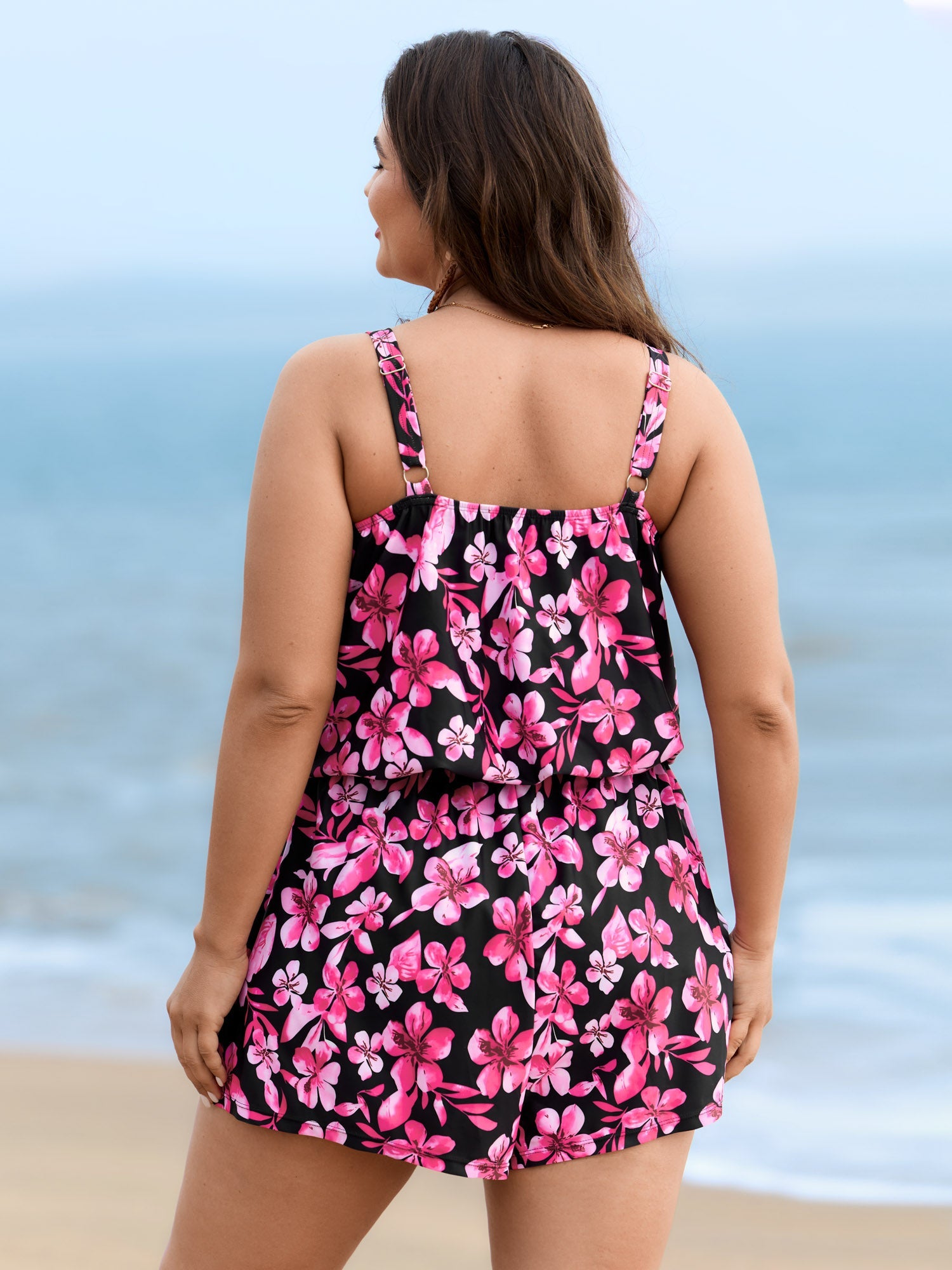 Tropical Flower Print Pockets One-Piece Swimsuit