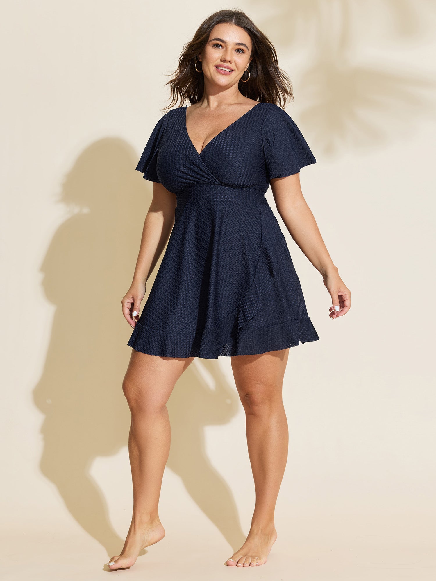 Textured V-Neck Ruffled Sleeve Swim Dress