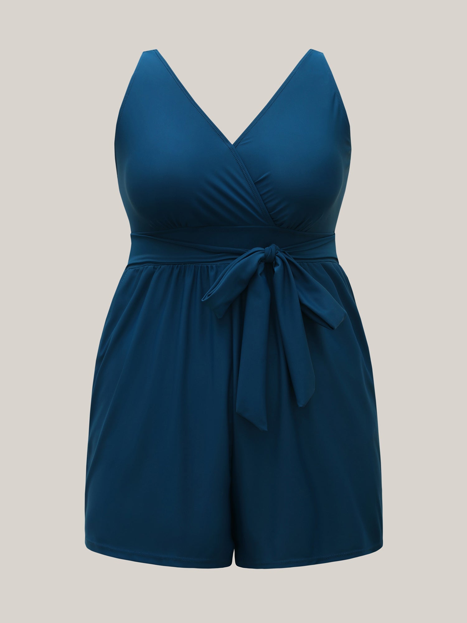 Surplice Neckline Belted Plain One-Piece Swimsuit