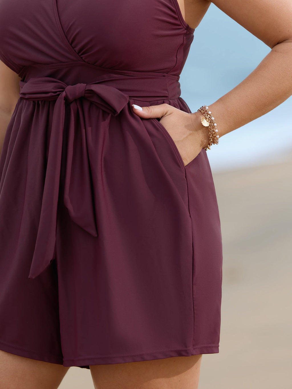 Surplice Neckline Belted Plain One-Piece Swimsuit