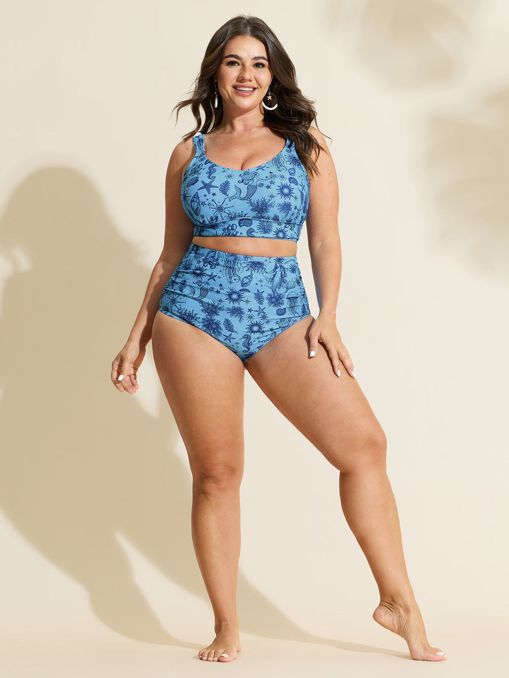 Ocean Elements Print Tummy-Control Bikini Bottoms