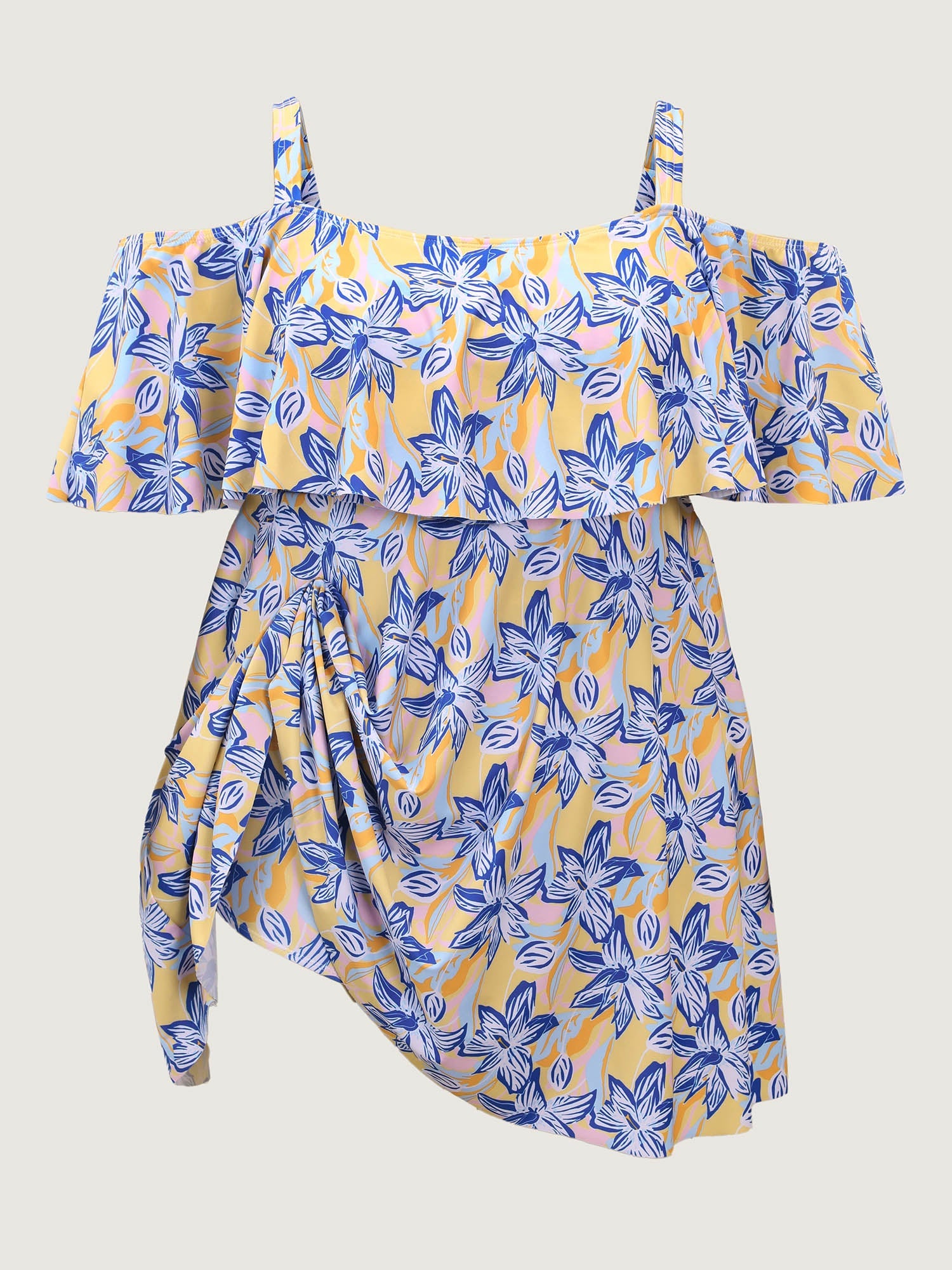 Floral Ruffle Trim Off Shoulder Pockets Swim Dress