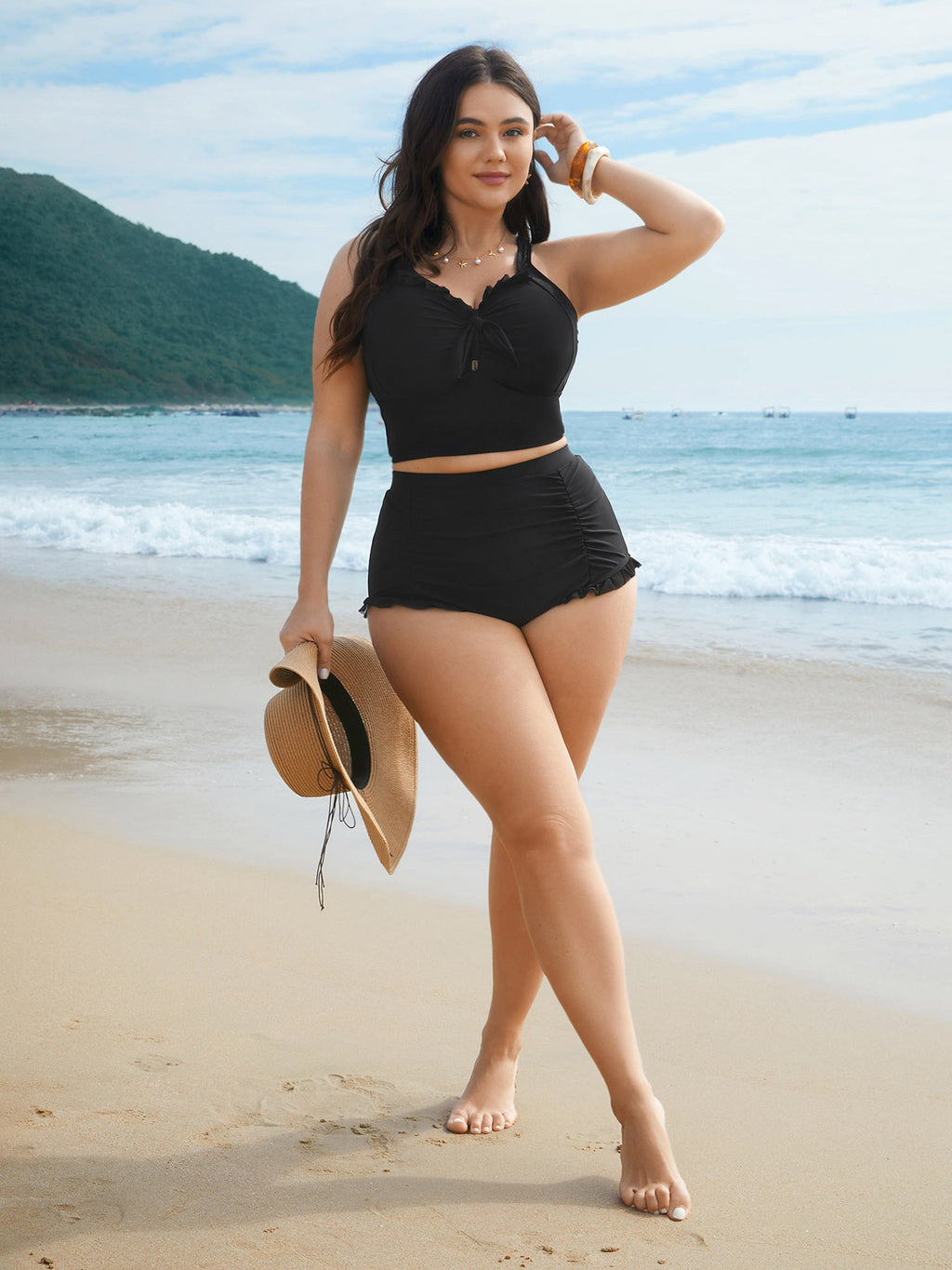 Ruched Mesh Seamed Ruffle Trim Bikini Bottoms