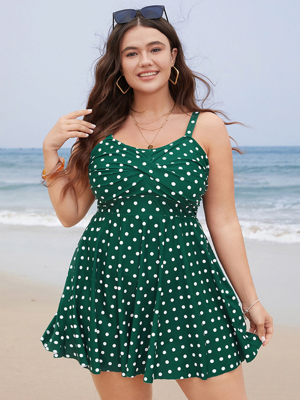 Polka Dot Crossover Ruched Flutter Hem Swim Dress